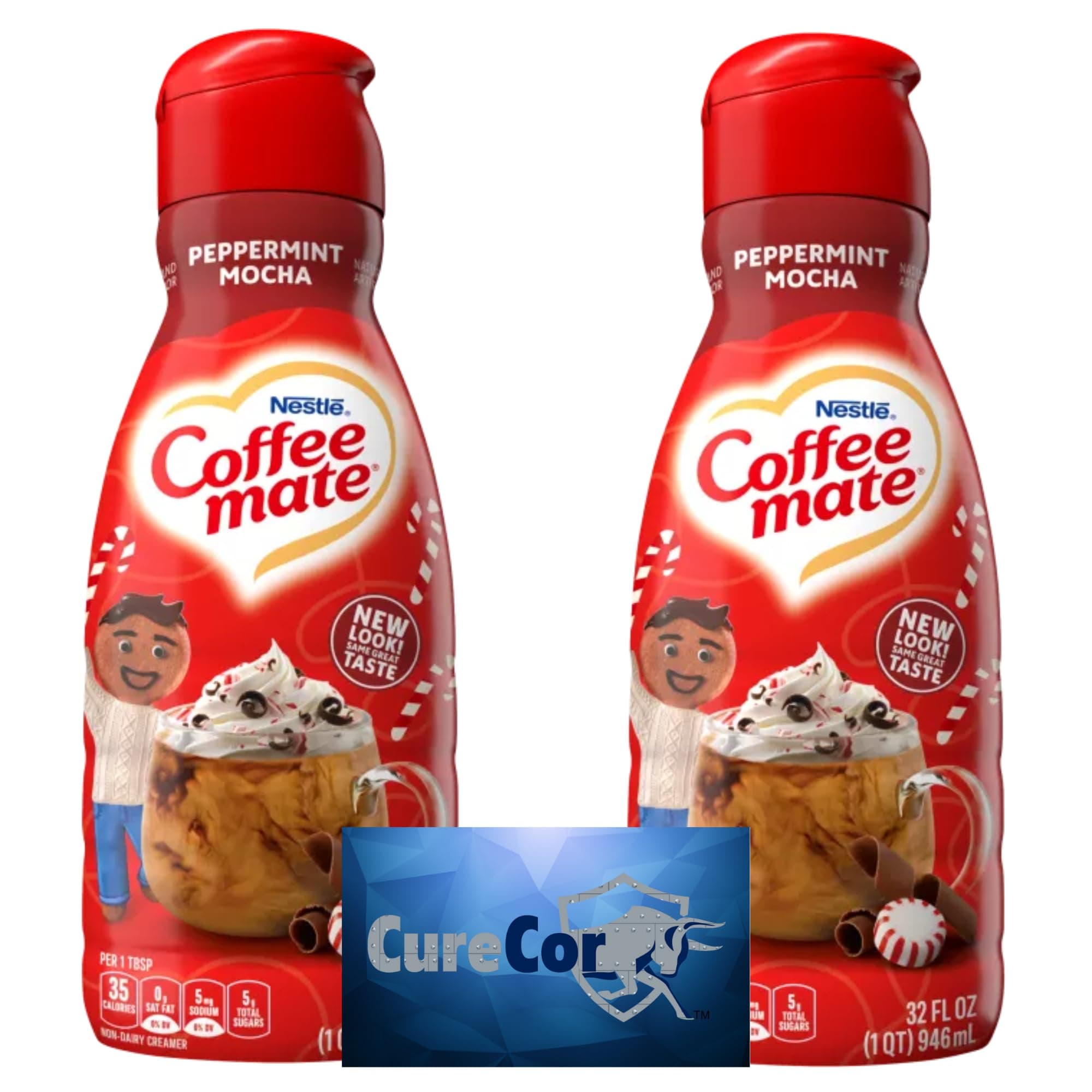 CoffeeMate Liquid Coffee Creamer - Two (2) 32Fl oz Bottles of Smooth and Creamy, Coffee Creamer plus One Authentic CureCor Collective Sticker! (Peppermint Mocha)