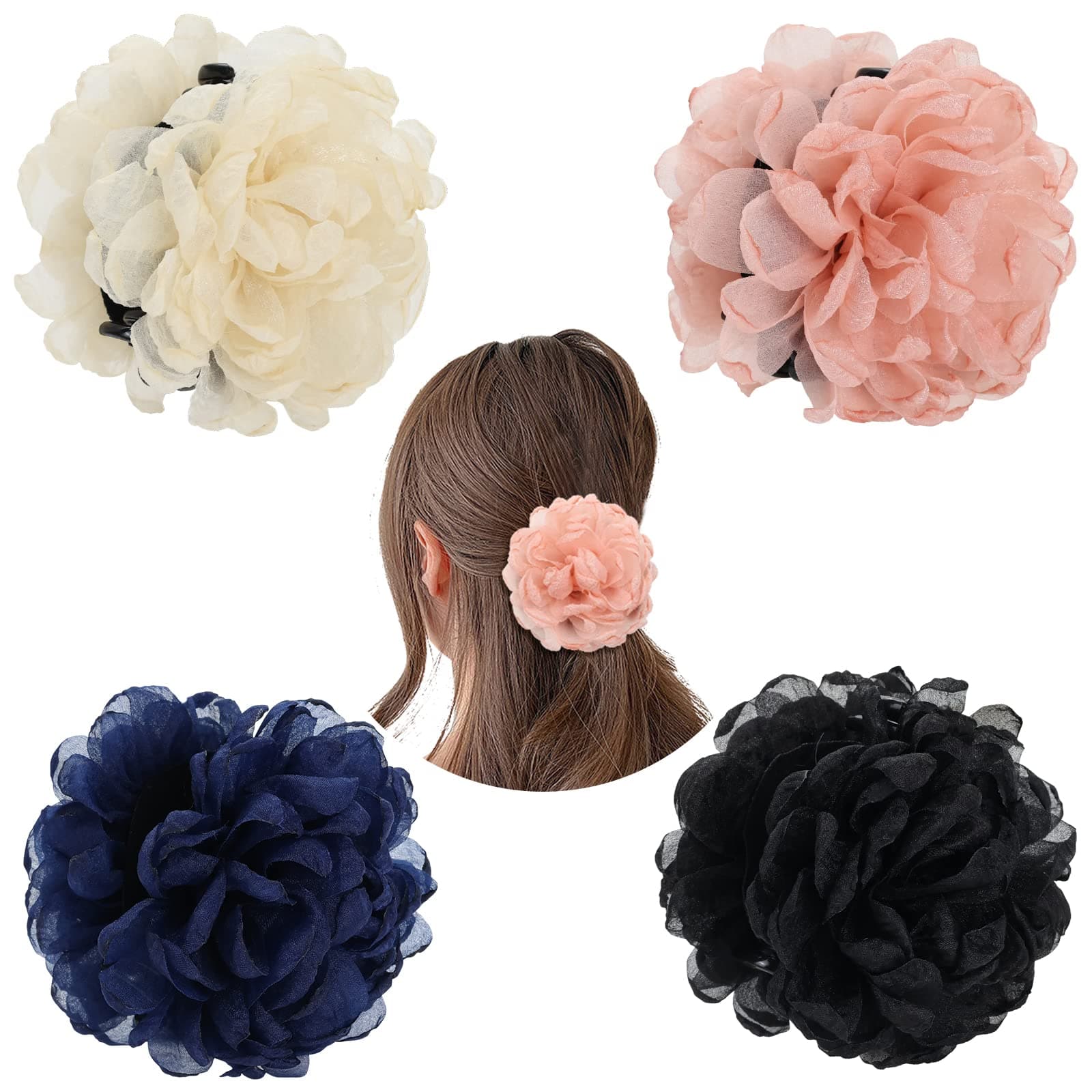 Cinaci 4 Pack Large Tulle Gauze Ruffle Rose Flower Plastic Hair Claws Clips Big Silk Fabric Floral Hair Bow Jaw Barrettes Clamps Bun Updo Holders Decorative Fancy Hair Accessories for Women Girls