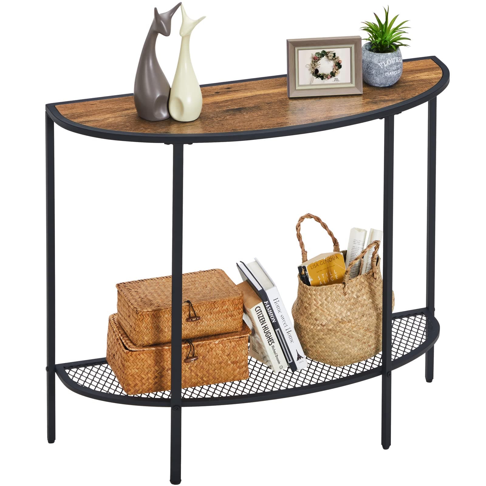 SAYGOER Entryway Table 2 Tier Small Console Table with Storage Half Moon Sofa Couch Table Mid Century Modern Narrow Entry Way Tables, 36.22" D x 11.8" W x 31.5" H, Easy Assembly, Dark Walnut