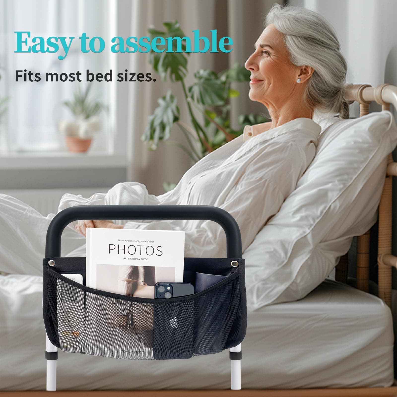 Bed Rails for Elderly Adults Safety with Adjustable Heights Storage Pocket Assist Support Side Railings Seniors Slides Under Mattressbed Cane Guard Bed Handles Bars (Widen(White))