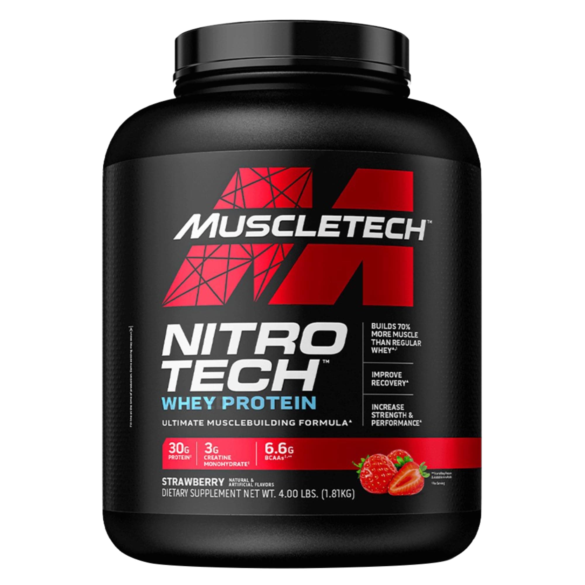 Muscletech NitroTech Whey Protein Ultimate Muscle Building Formula with a Unique Blend of Whey Protein Isolate & Peptides - 30gms Protein, 3 gms Creatine & 6.6 BCAAs, Strawberry Flavor, 4.00 lbs