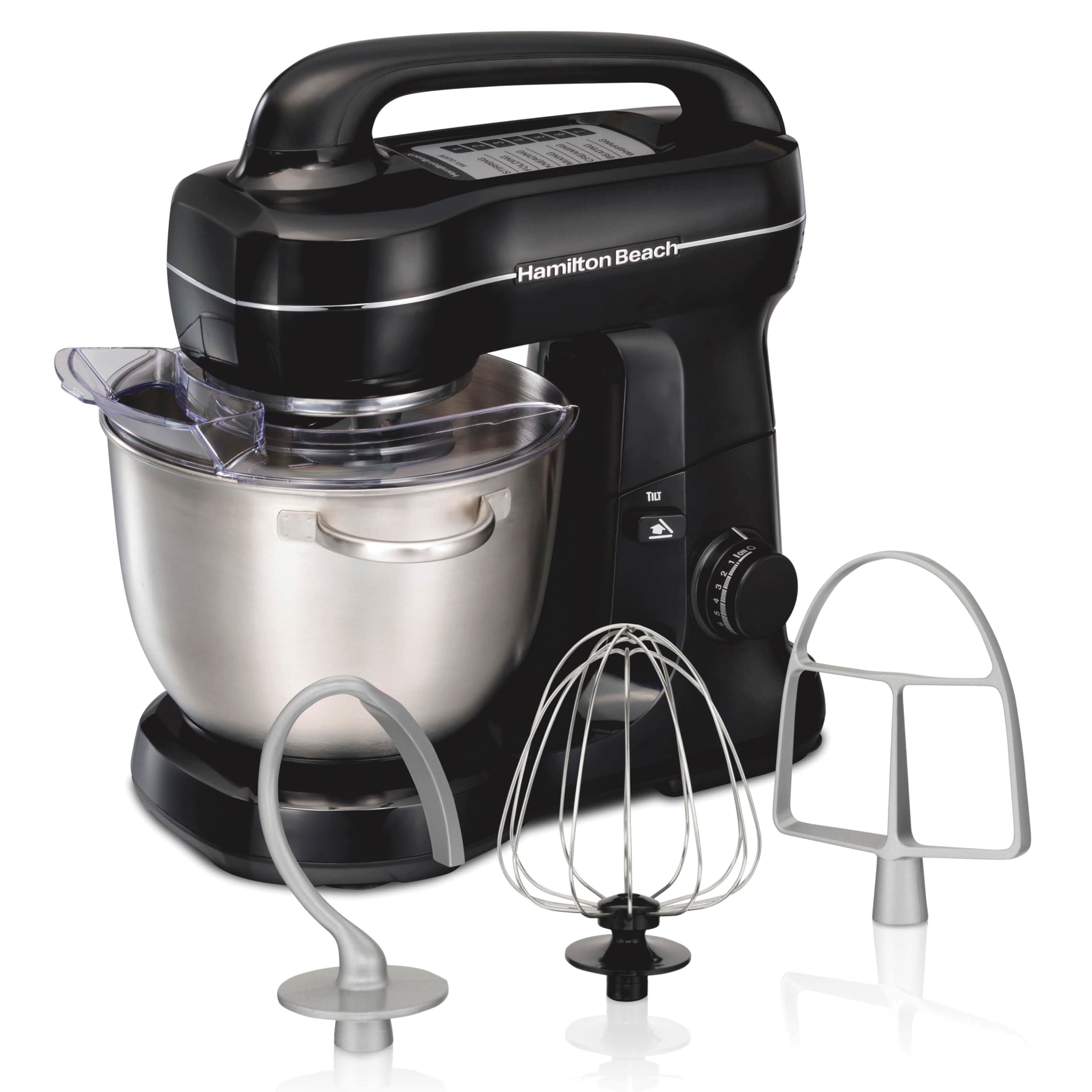Hamilton Beach Electric Stand Mixer, 4 Quarts, Dough Hook, Flat Beater Attachments, Splash Guard 7 Speeds with Whisk, Easy-Carry Top Handle, Black