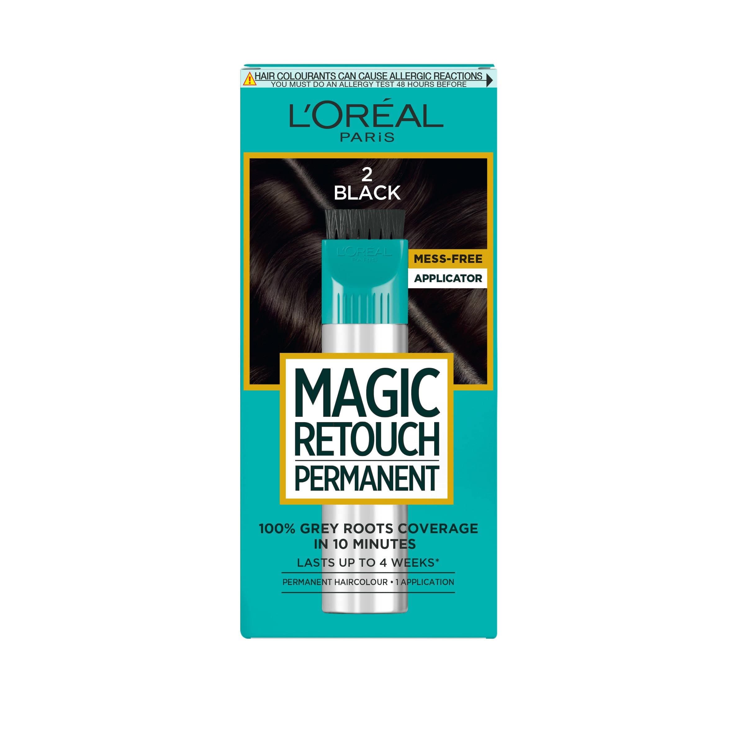 – L'Oréal Paris Magic Retouch Instant Root Spray, Black 2. Provides flawless coverage for grey regrowth in 3 seconds. The 75ml Black 2 shade offers a quick, easy, natural-looking solution for roots.