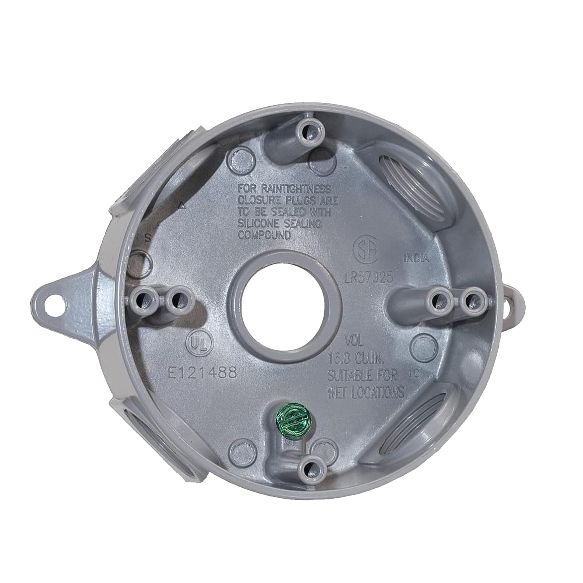 SIGMA ENGINEERED SOLUTIONS 143854 Round Metal Electrical Outlet Box, Weatherproof, Easy Mount, White, (5) 1/2-Inch Holes