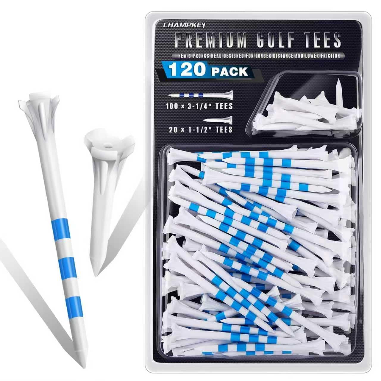 CHAHMPKEY Premium 3-Prong Plastic Golf Tees 3-1/4" 120 or 100 Pack- 40% Reduced Ball Contact with High Stability and Long Distance Performance Golf Tees Plastic