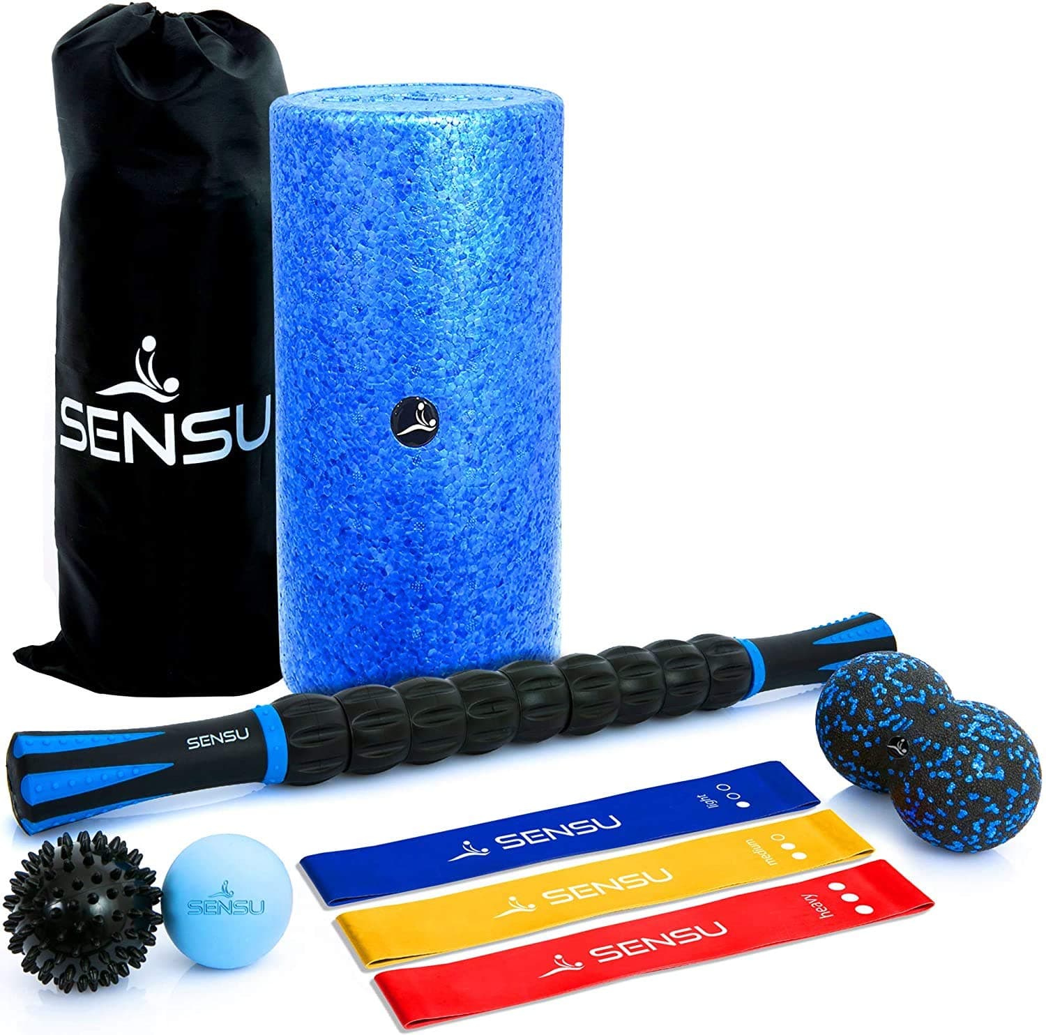 Sensu9-in-1 Foam Roller Set – Muscle Roller Set Includes Peanut Ball, 3 Resistance Bands, Massage Roller Stick, Lacrosse Ball, and Spikey Ball for Deep-Tissue Massage and Myofascial Relief