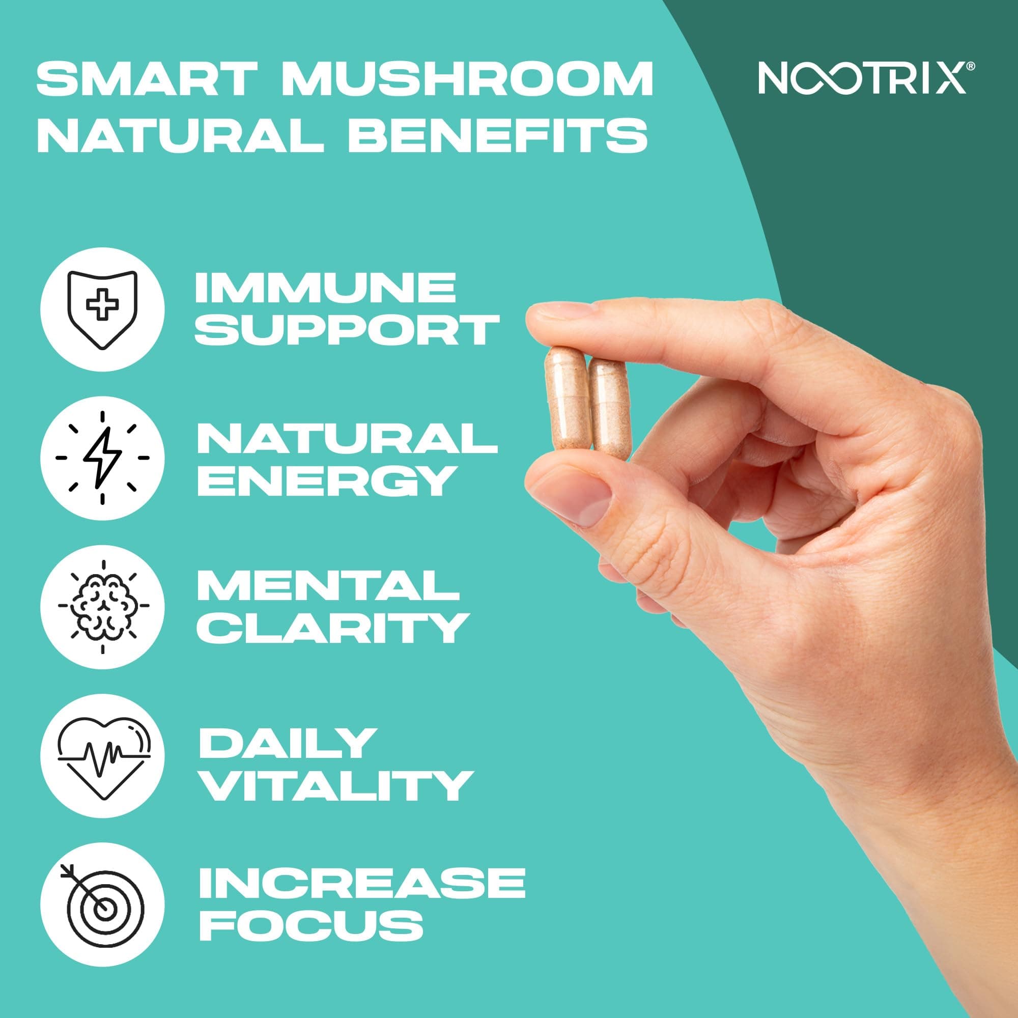 Nootrix Smart Mushrooms Complex Supplement | Supports Memory, Mental Focus, Cognitive Health & Energy | 27,000mg Organic Mushrooms | Lions Mane, Reishi, Cordyceps, Chaga & Turkey Tail | 240 Capsules