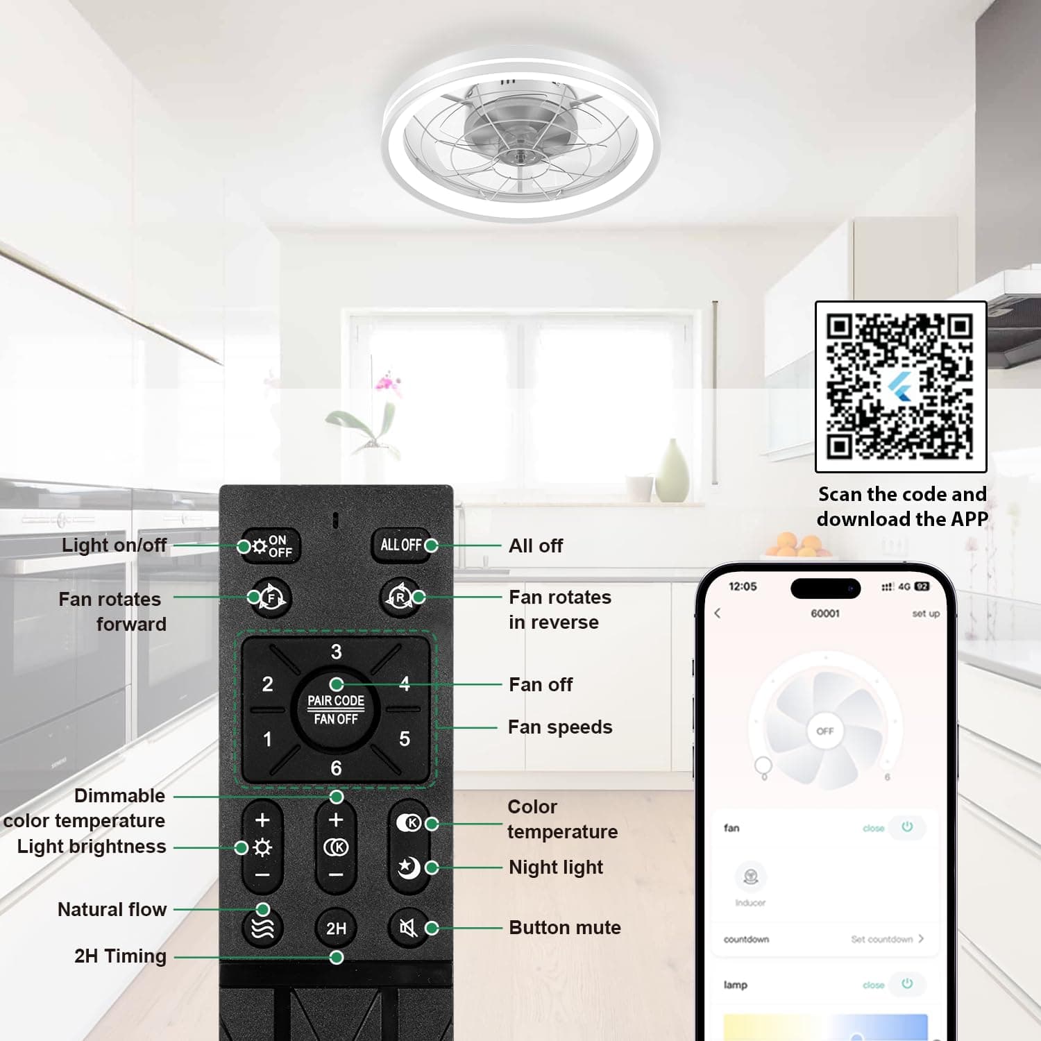 Ceiling Fans with Lights Flush Mount, White Low Profile Modern Ceiling Fan with Remote, Dimmable and Reversible LED Fan Light with 6 Wind Speeds for Bedroom and Living Room, DC Motor