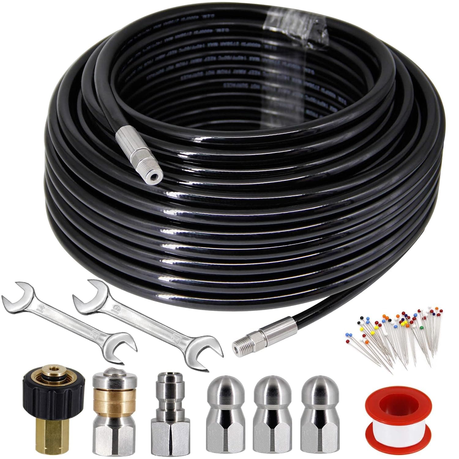 Twinkle Star Sewer Jetter Kit for Pressure Washer -100 ft Hose, 1/4 Inch NPT, Drain Cleaning Hose, Button Nose & Rotating Sewer Jetting Nozzle, Orifice 4.0, 4.5, 5.5, 5800 PSI