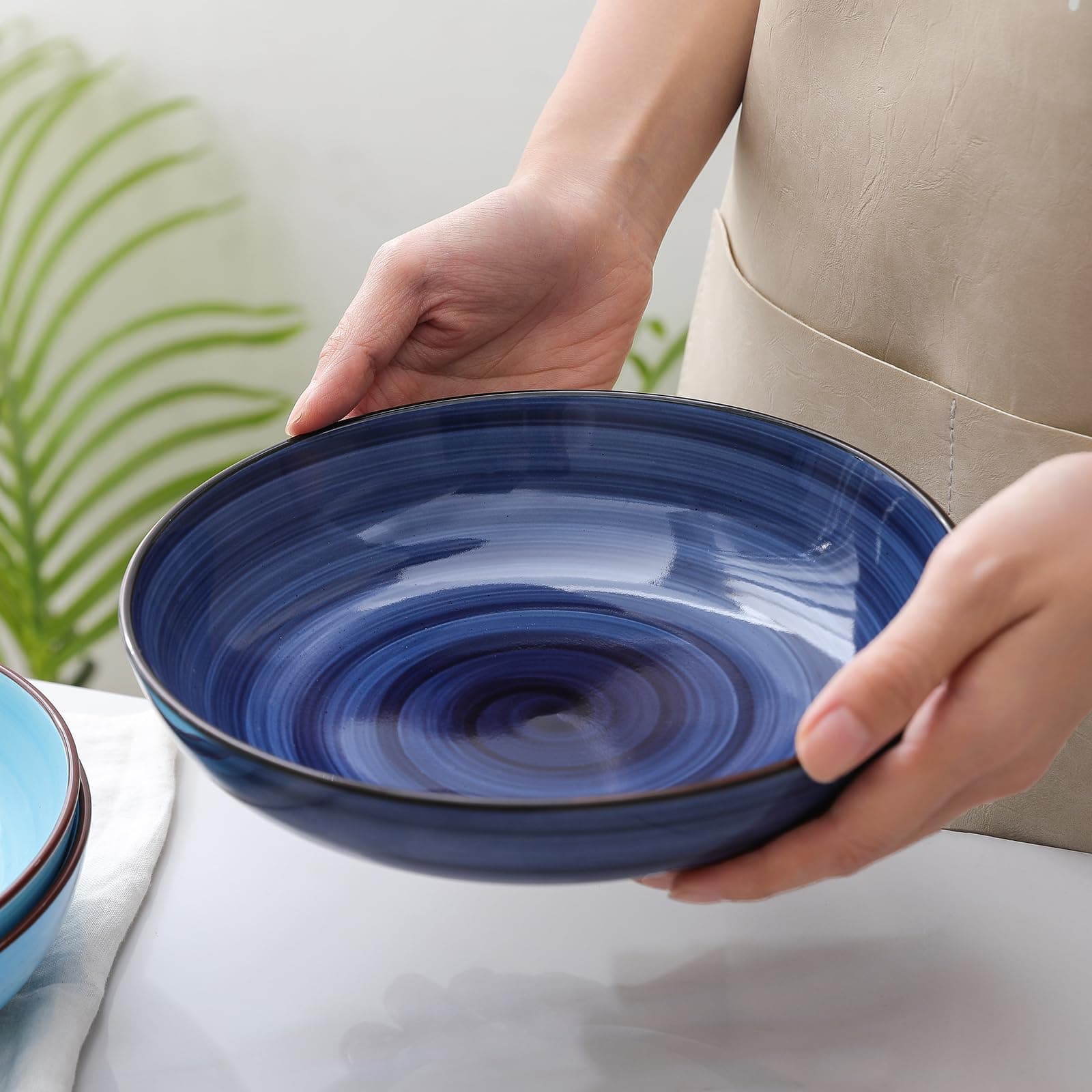 Selamica Ceramic 16-Pieces Dinnerware Set, Ceramic Dishes Set for 4, Kitchen Plates and Bowls Sets, Dinner Plates Set, Soup Plate Pasta Bowl Cereal Bowls, Black Dots Design, Gradient Blue