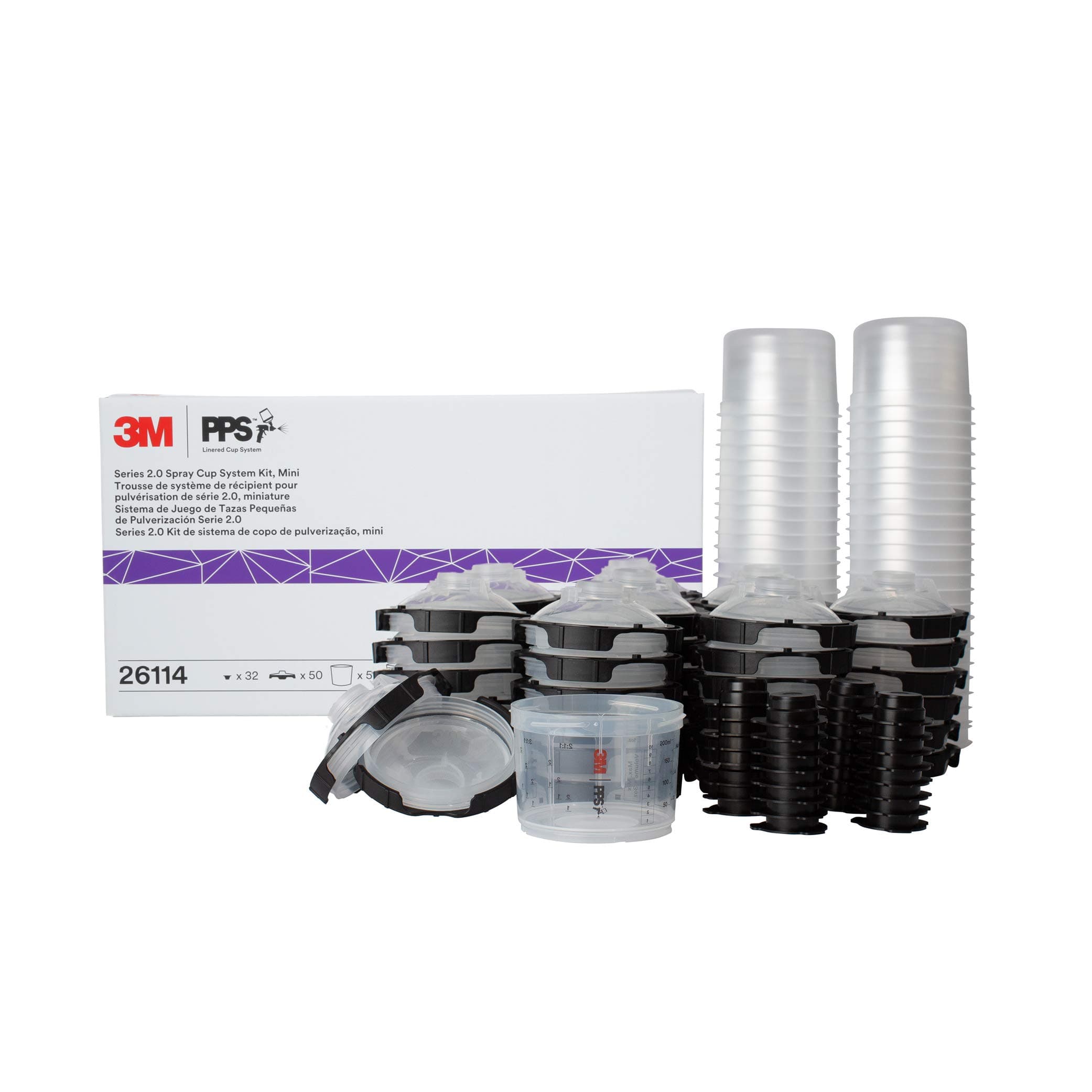 3M PPS 2.0 Spray Gun Cup, Lids and Liners Kit, 26114, Mini, 6 Ounces, 200-Micron Filter, Use for Cars, Furniture, House and More, 1 Paint Cup, 50 Disposable Lids and Liners, 32 Sealing Plugs, White