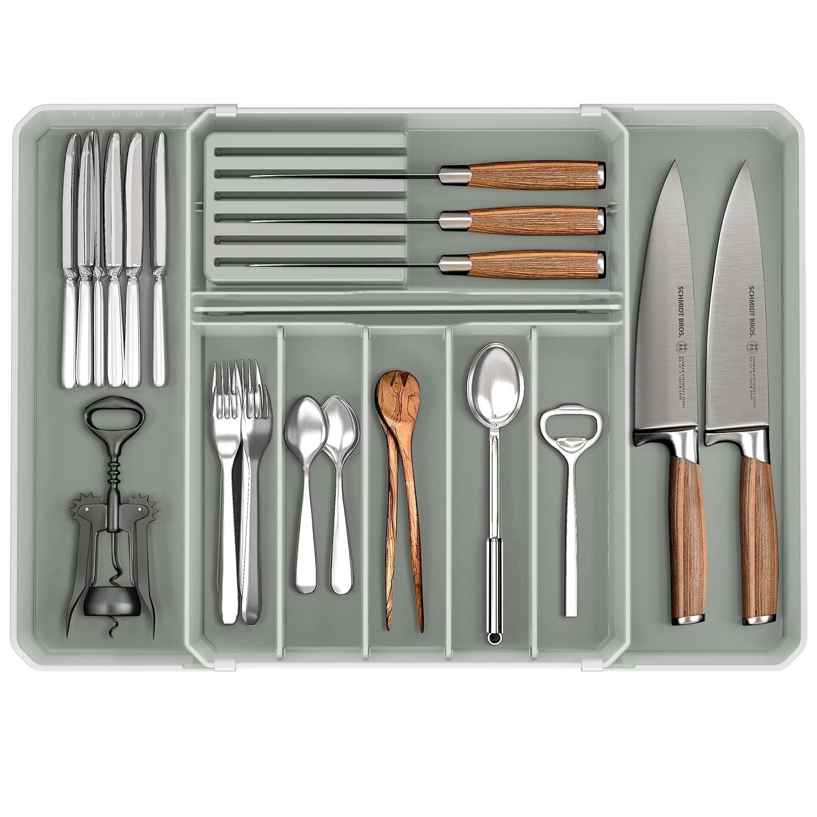 Silverware Drawer Organizer, Expandable Kitchen Utensil Organizer, Larger Capacity Flatware and Cutlery Tray, Multi-Purpose Drawer Storage for Kitchen, Dressing Table, Office, Bathroom, (Grey)