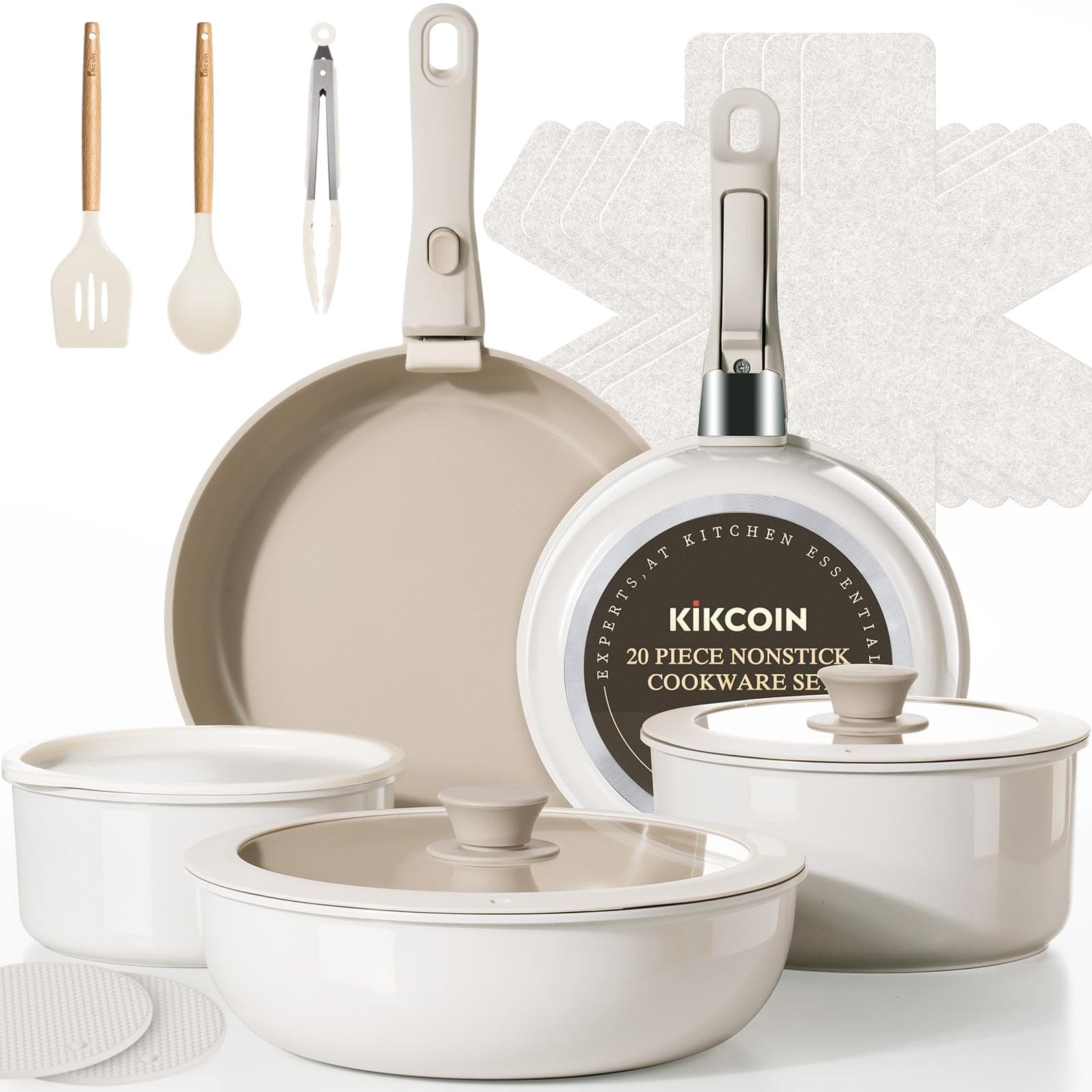 KIKCOIN Nonstick Pots and Pans Set, 20 Pack Ceramic Cookware Set with Detachable Handle, Induction RV Kitchen Cooking Set with Removable Handle, Frying Pans - Dishwasher/Oven Safe, PFOA Free