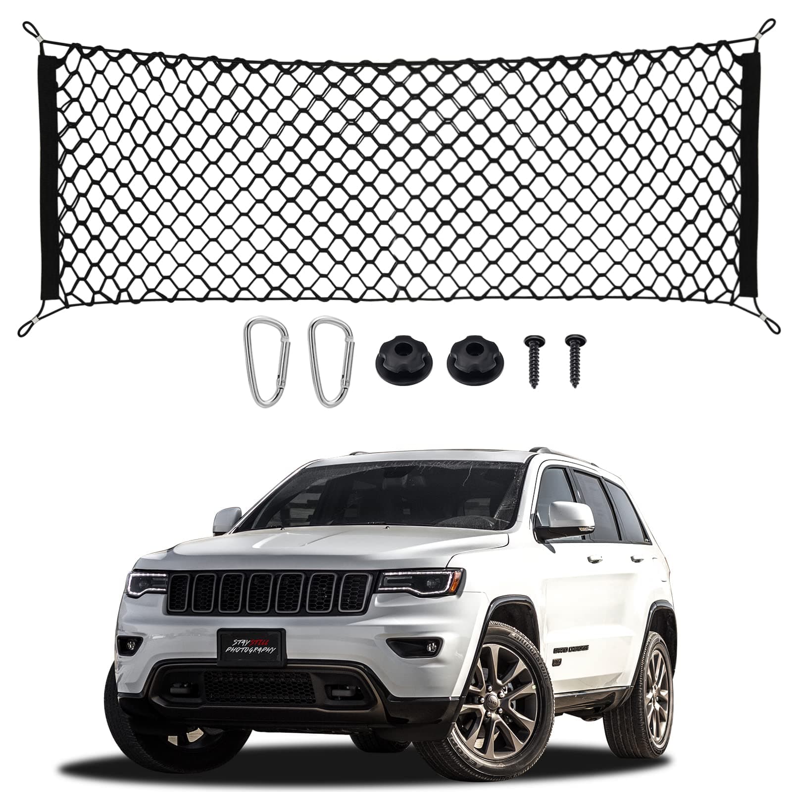 Heavy Duty Stretchable Cargo Net, Black, Metal Hooks, Elastic Trunk Storage Net, Compatible with Jeep Grand Cherokee Accessories (2011-2021)