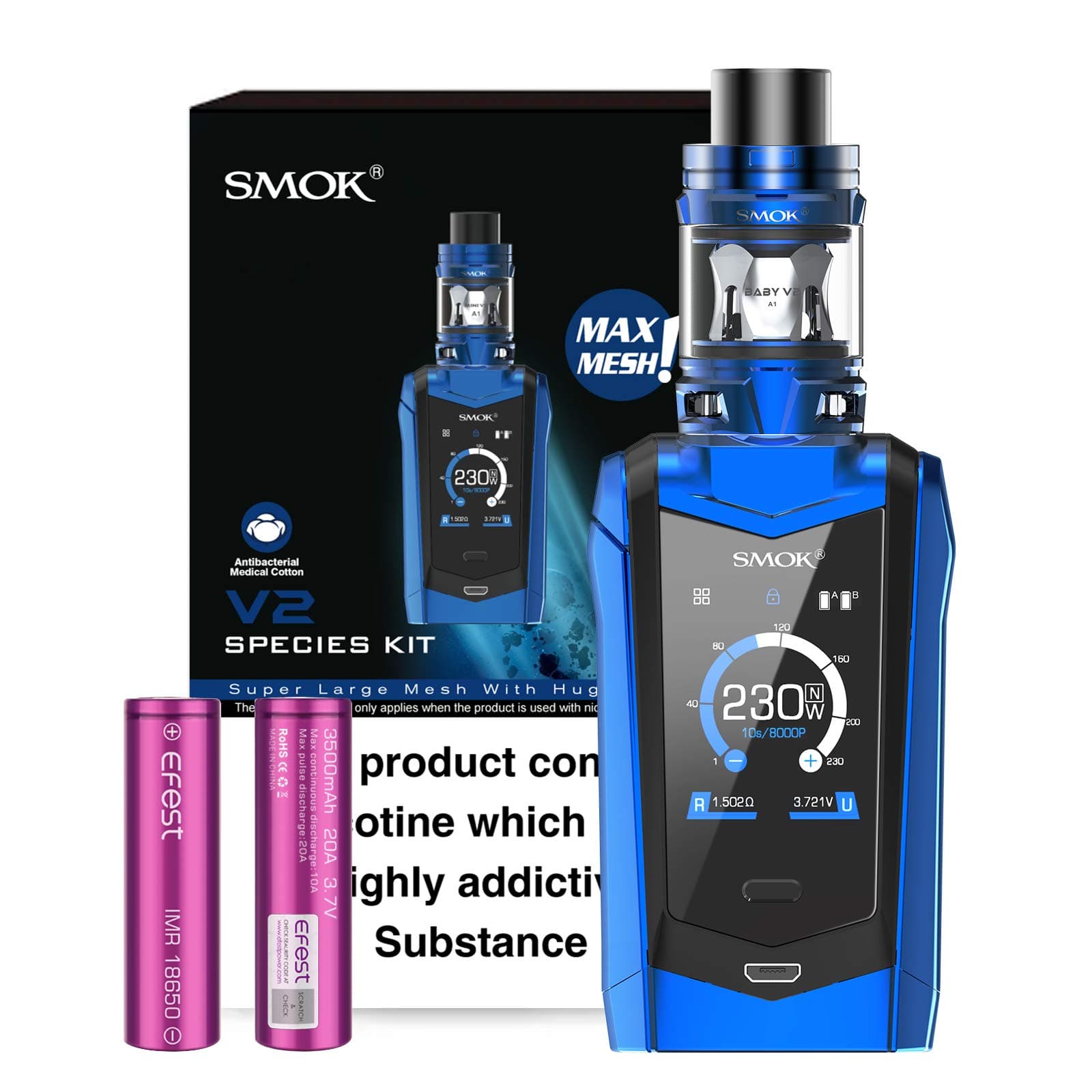 Electronic Cigarette,Authentic Smok 230W Species Kit with Touch Screen, TPD Tank and Rechargeable Efest 3000mah Batteries, No Nicotine, No Liquid (Blue)