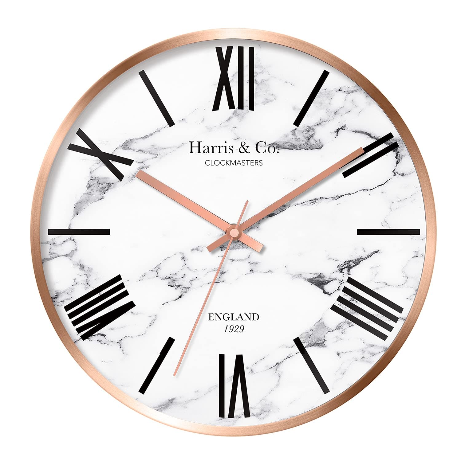 HARRIS & CO. CLOCKMASTERS Luxury Wall Clock, Marble Design - 12 inch (Rosegold Metal Frame & Hands)(Silent Sweep Noiseless Technology) (White)-Analog
