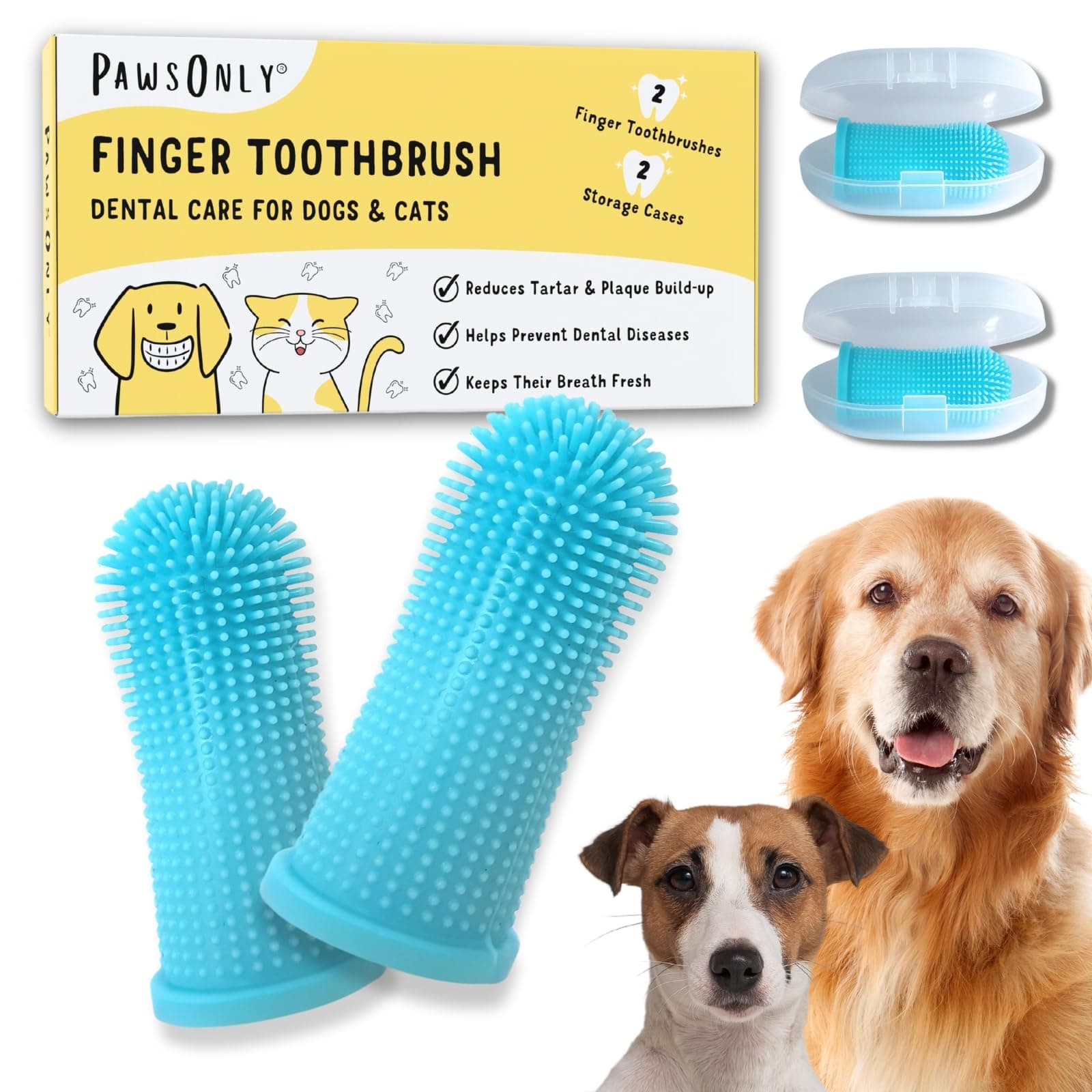 Dog Finger Toothbrush 2-Pack with Storage Cases | 360° Soft Silicone Bristles | Reusable, Gentle Plaque & Tartar Removing Tooth Brush for All Dog Sizes (Blue)