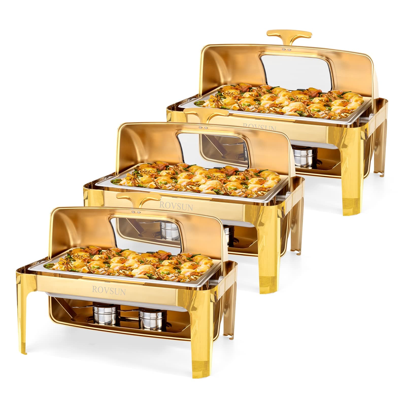 ROVSUN 9QT 3 Packs Roll Top Chafing Dish Buffet Set,Rectangular NSF Stainless Steel Buffet Warmer Chafers and Buffet Warmers Sets with Thick Frame for Catering Events Parties Weddings Dinners,Gold