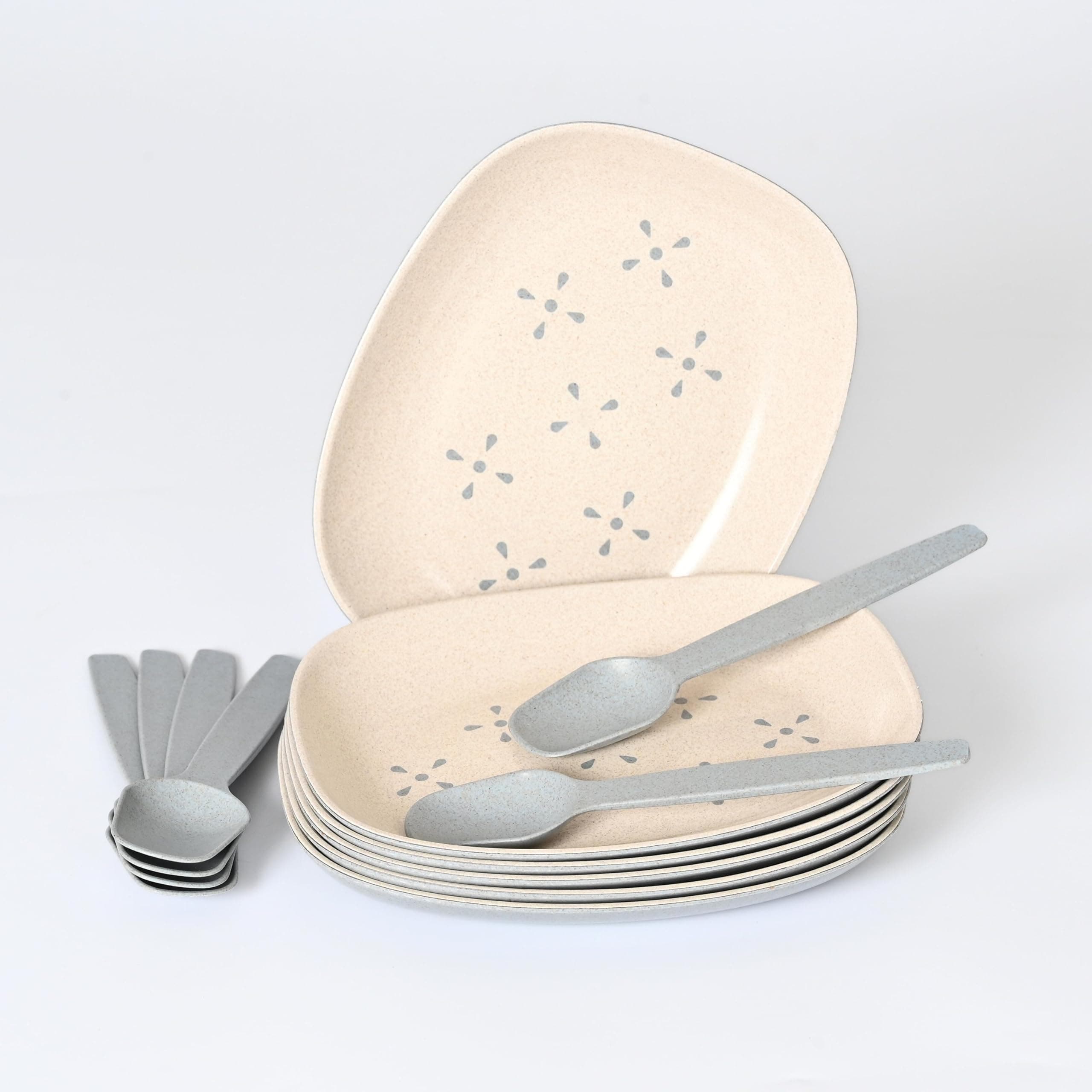 Eha Earth-Friendly Small Snack Serving Plates Set of 6 with Spoons | 6 inch | Small Snack Plates Made with Bamboo Fibers & Rice Husk Fiber | Microwave Safe | Dessert Plates | Azure