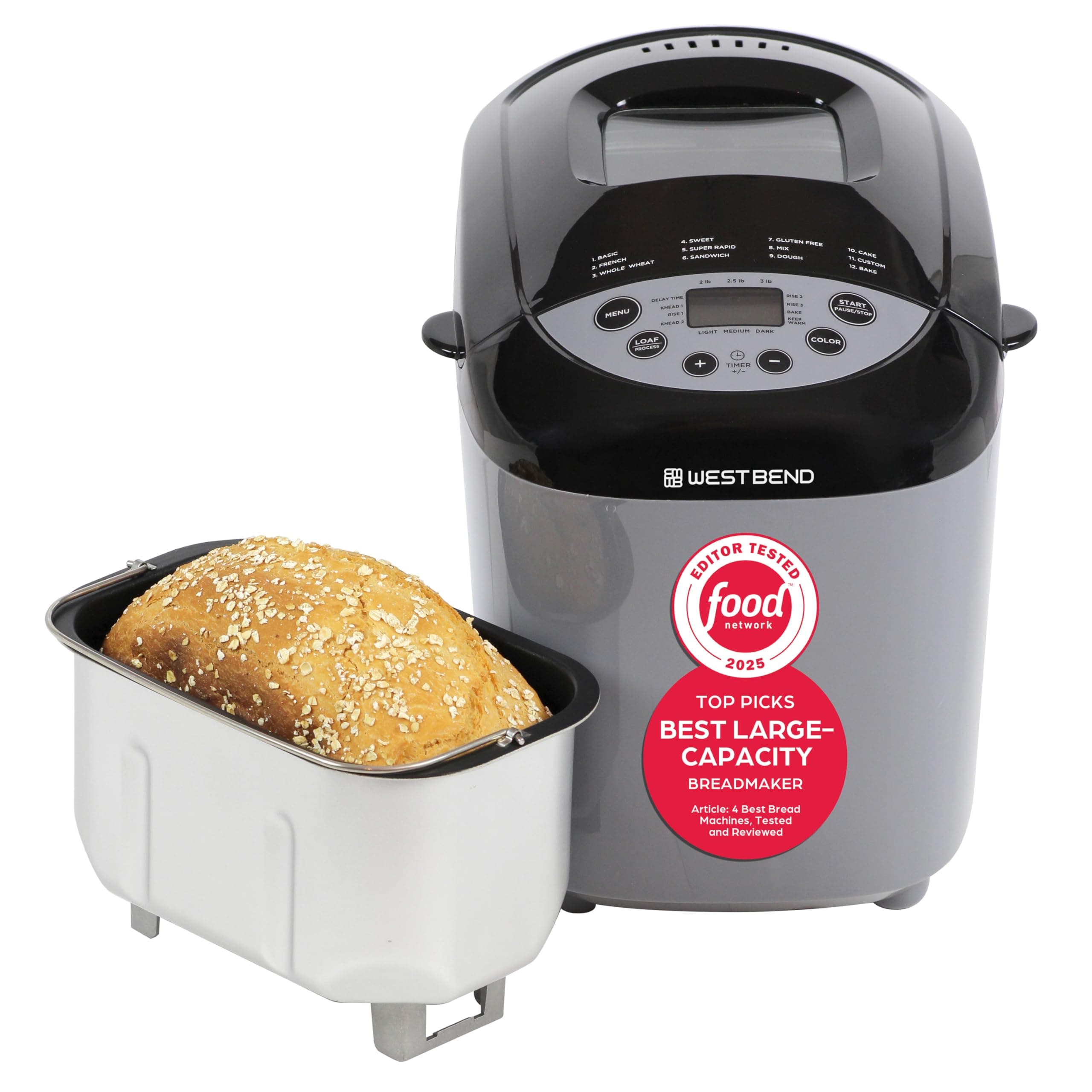 West Bend Hi-Rise Bread Maker Machine Programmable 12 Programs Including Gluten Free & 3 Loaf Sizes and Crust Colors with Traditionally-Shaped Horizontal Bread Pan with Dual Knead Blades, 3-Lb, Gray