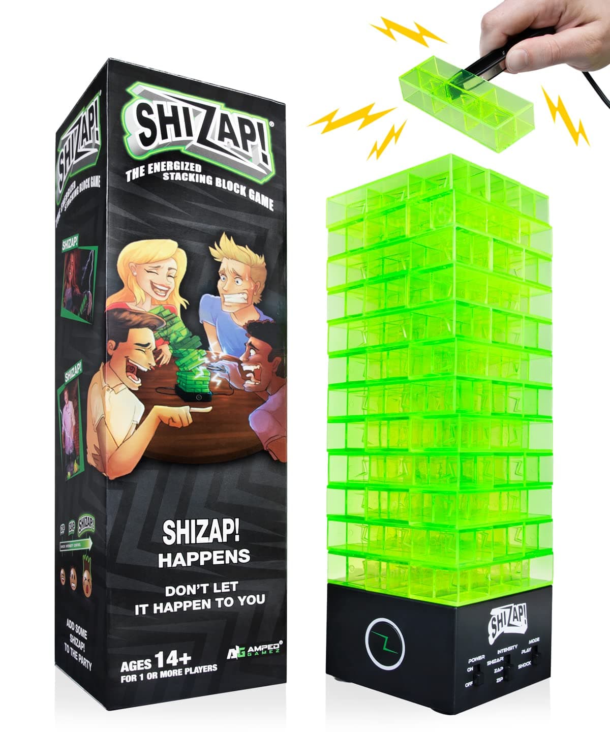 ShiZap! - Illumination Electric Shock Stacking Blocks Game, Plastic Tumble Tower Blocks, Shocking Tweezers, LED Base Playing Suspense Music, Family Fun Party Game for Teenagers, Boys, Girls and Adults