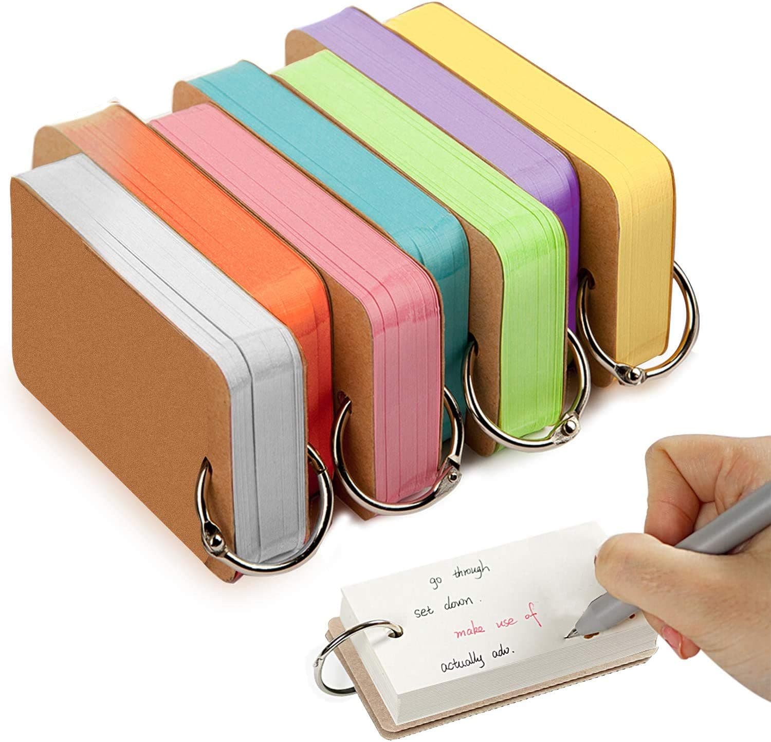 DELFINO Paper Study Cards, 7 Pack 350 Pieces Multicolor Kraft Paper Binder Ring Easy Flip Flash Card Study Cards/Memo Scratch Pads/Bookmark/DIY Greeting Card/Index Card Stock/Note Card