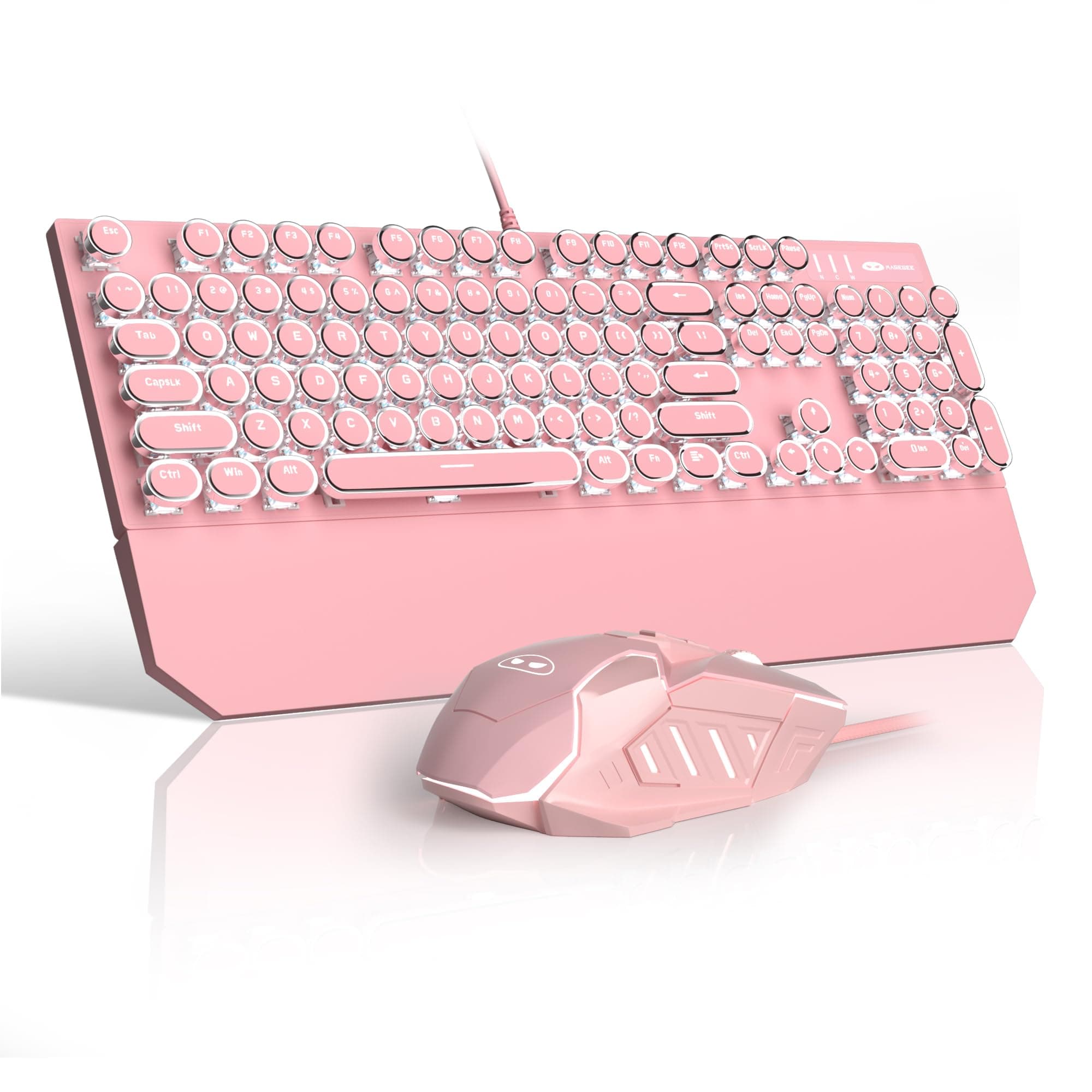 Retro Pink Typewriter-Style Keyboard and Mouse Combo, Cute Light Up Wired Mechanical Keyboard with Linear Red Switches, Full Size for Gaming, Work, Mac, PC, Windows