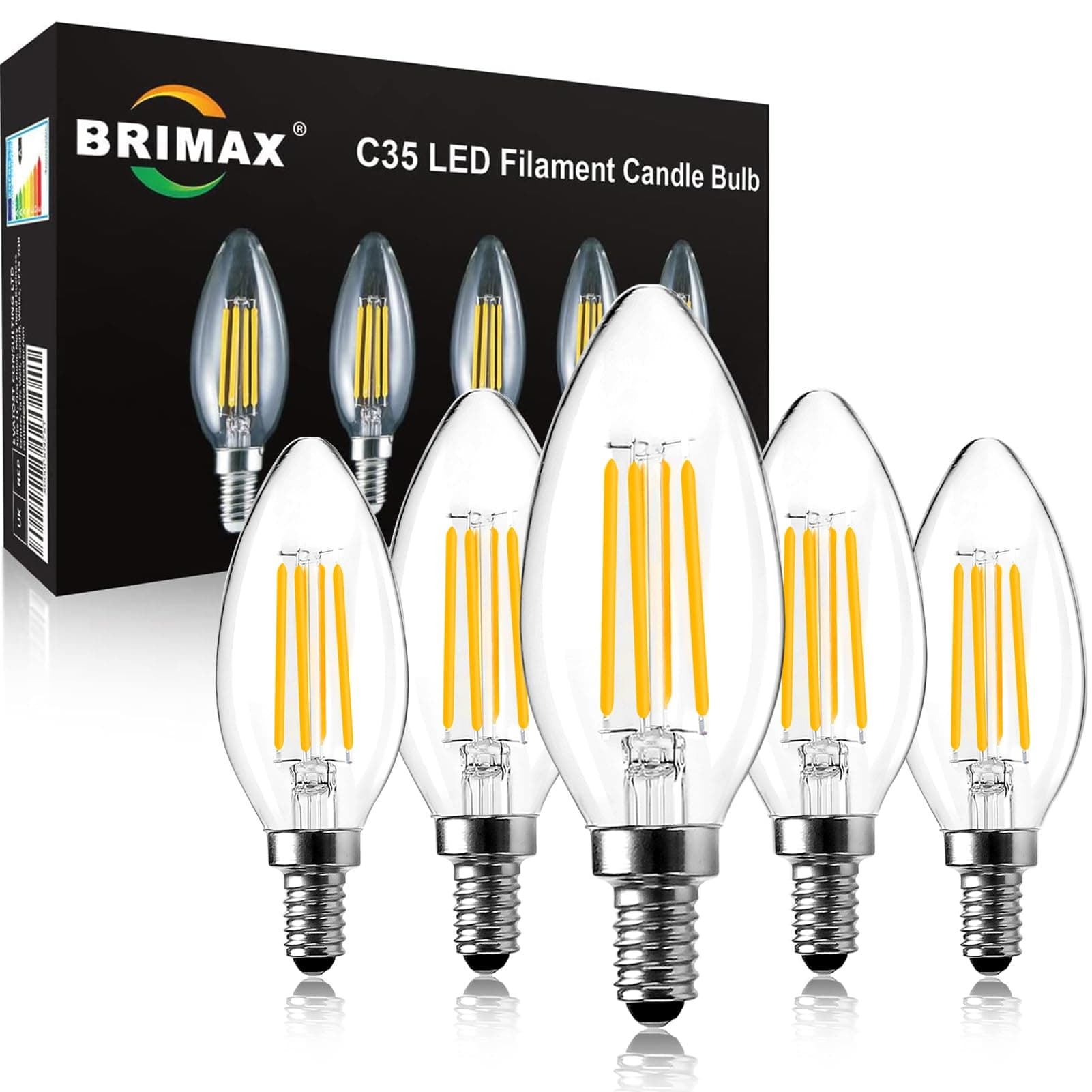 BRIMAX E14 LED Candle Bulb Dimmable 6w 60W Equivalent Warm White 2700K SES(Small Edison Screw) LED Chandelier Bulbs C35 Vintage Filament Energy Saving Candelabra Light Bulb 5 Pack