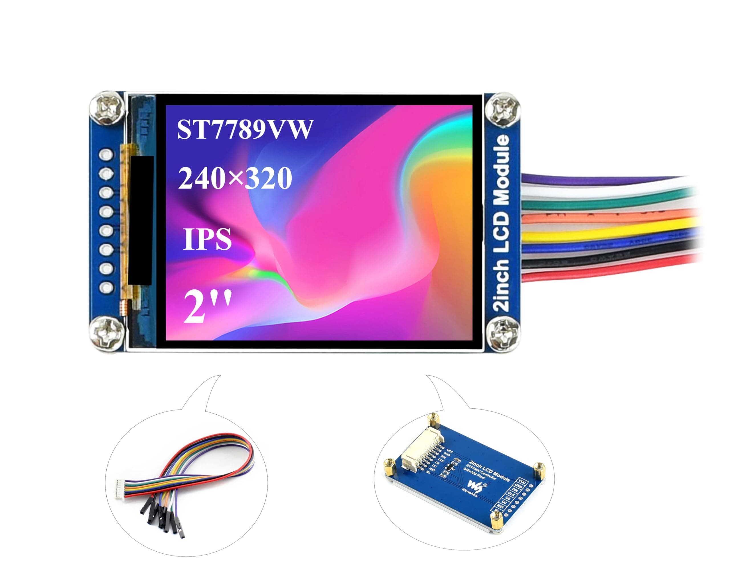 waveshare General 2inch IPS LCD Display Module 240×320 Resolution 2.0inch Monitor Embedded Controller RGB, 262K Color Display Color LED Backlight ST7789 Driver SPI Interface