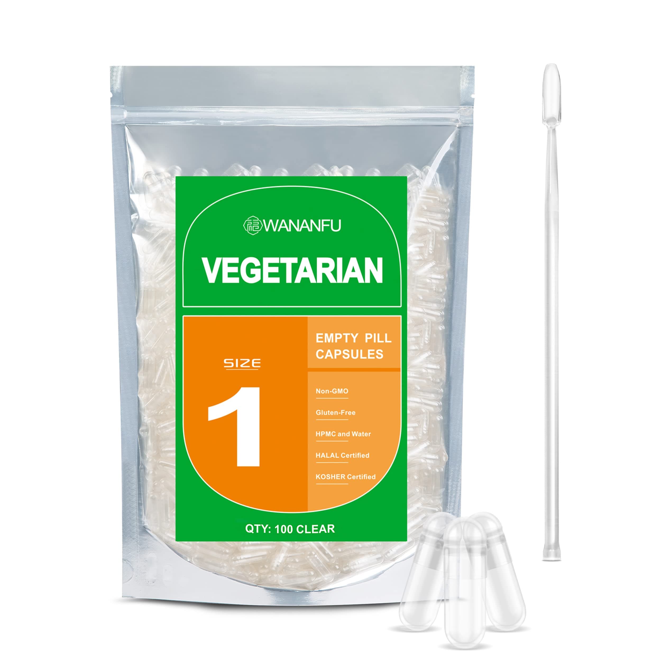 wananfu Size 1 Empty Capsules Vegetarian (100 Count) Bundle with Micro Lab Spoon, Clear Fillable Veggie Pill Capsules Size 1 for Making Your Own Supplements
