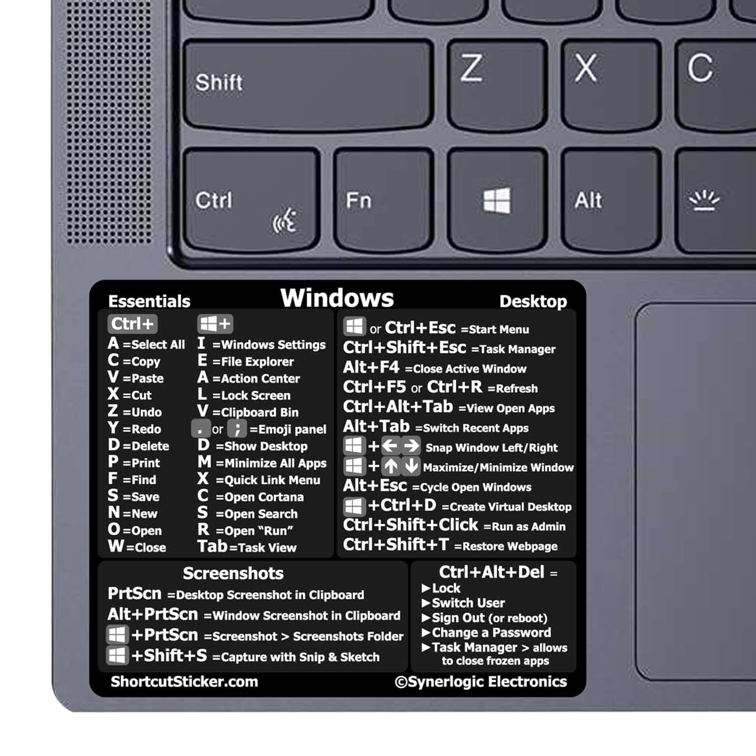 Synerlogic Windows PC Reference Keyboard Shortcut Sticker | Vinyl, Laminated Windows Shortcut Sticker for PC Laptop or Desktop | Shortcuts Cheat Sheet (Black/Small)
