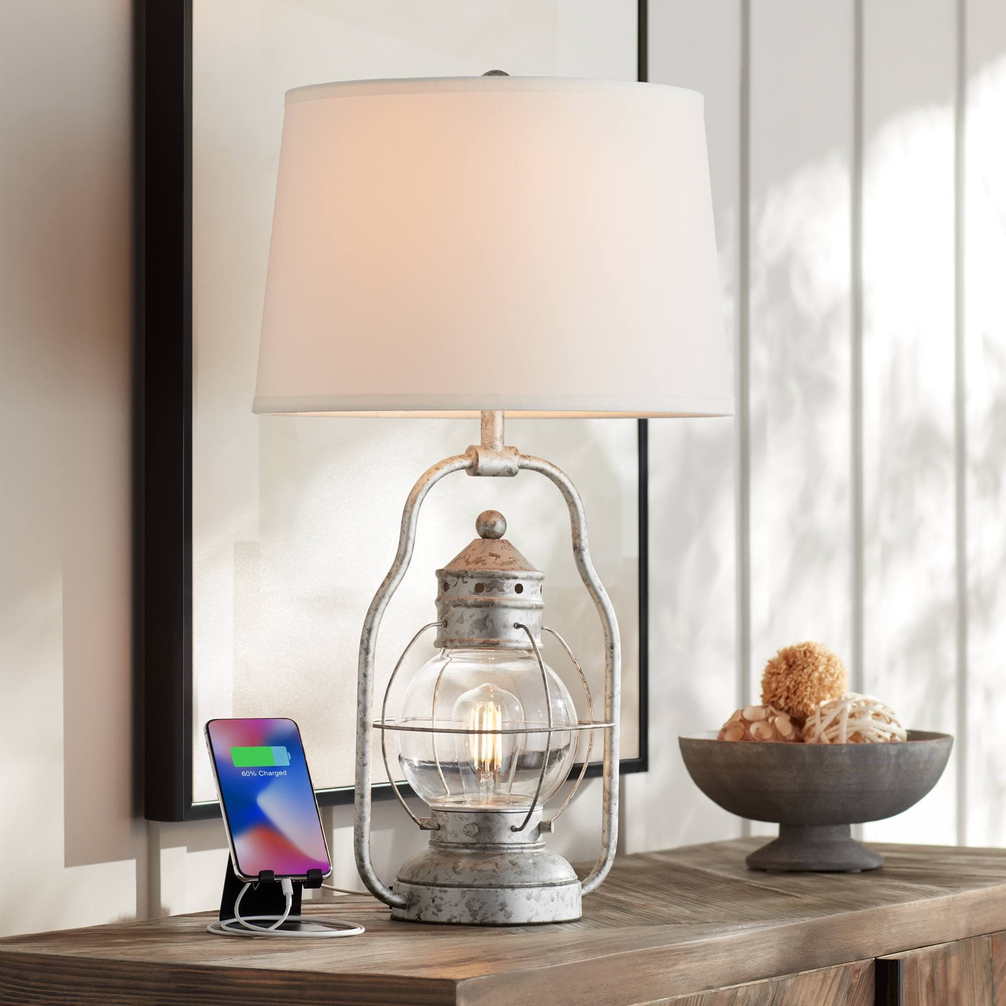 Franklin Iron Works Bodie Rustic Industrial Table Lamp with USB Charging Port Nightlight Antique LED Edison 26" High Distressed Silver Off White Linen Shade for Living Room Bedroom Bedside Office