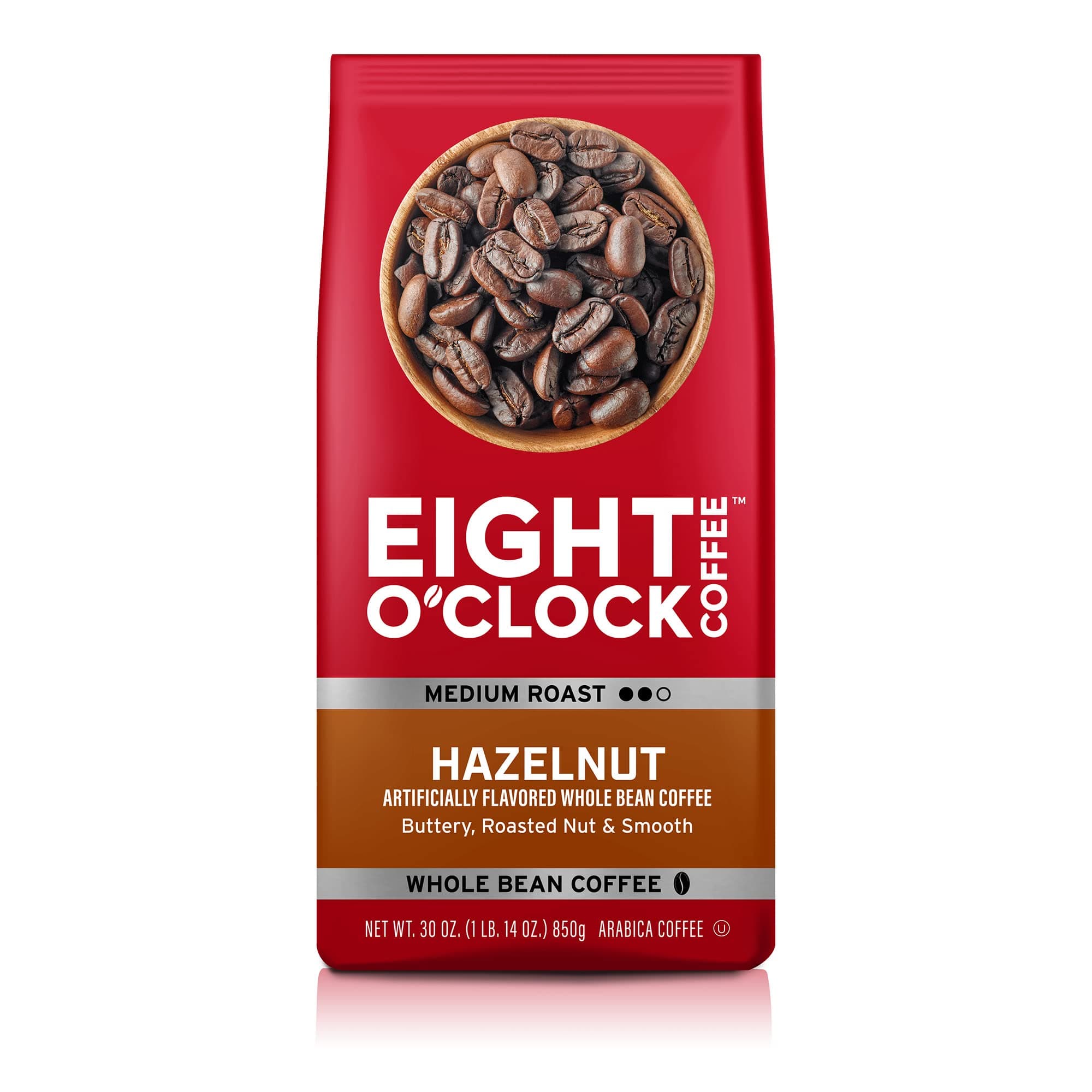 Eight O'Clock Coffee Hazelnut, Medium Roast Whole Bean Coffee, 30 Ounce (Pack of 1), Buttery, Smooth & Nutty, 100% Arabica