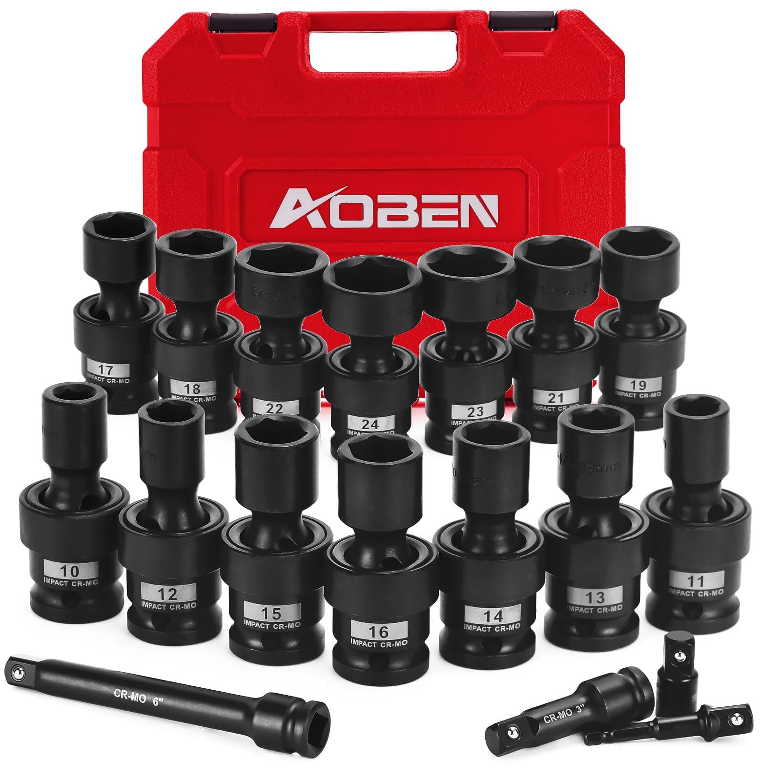 AOBEN 18 PCS 1/2" Drive Shallow Universal Impact Socket Set, 6 Point, Metric,10-24mm,Cr-V Steel, Includes Extension Bars and Adapter