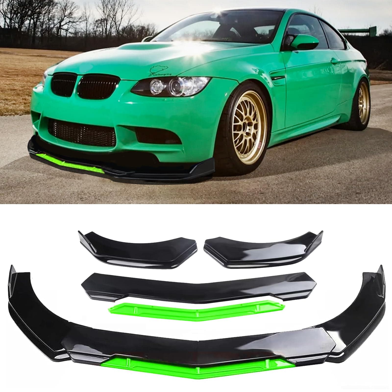 Universal Front Lip for Car,Glossy Black Front Bumper Lip, ABS Adjustable Sharp Corner Front Bumper Lip Splitter Protector Replacement for Most Vehicle (Glossy Black w/Green)
