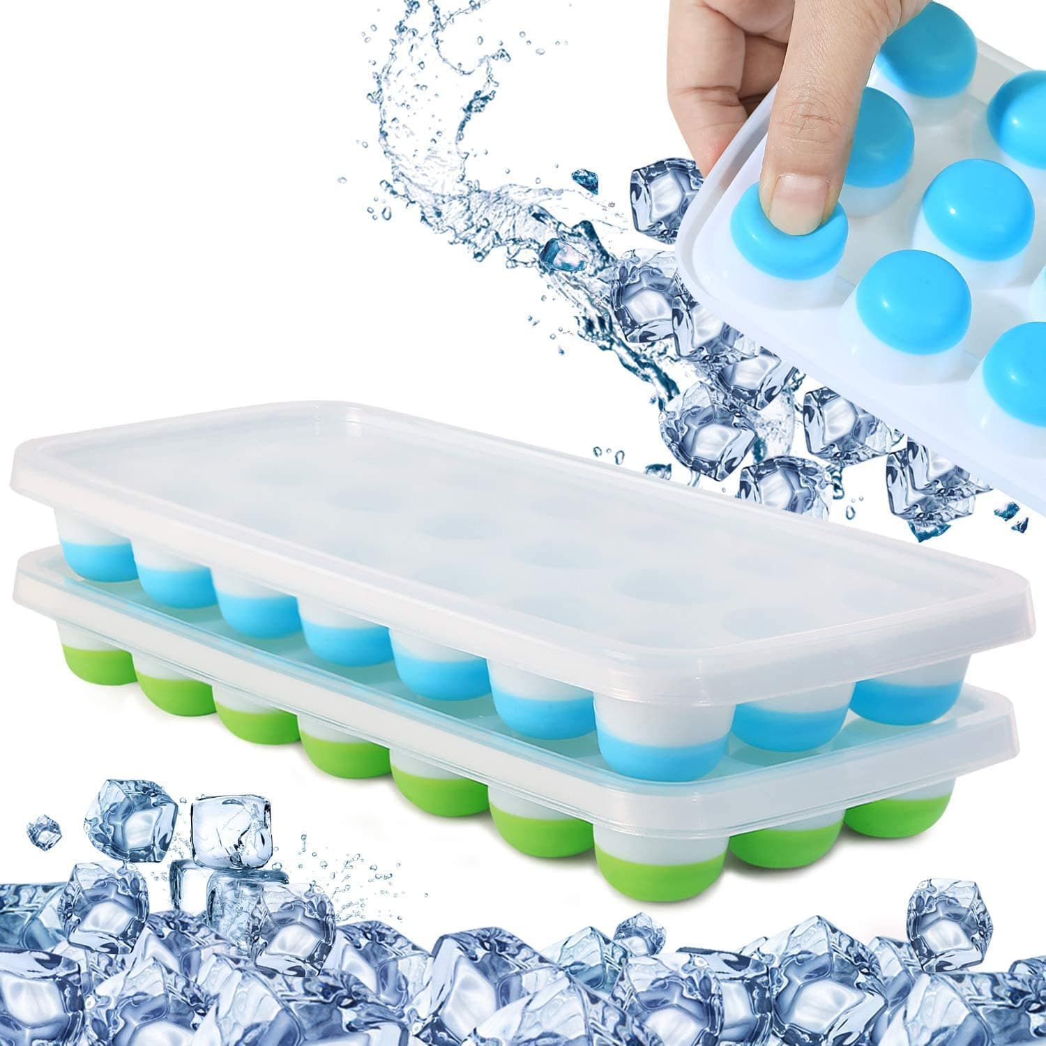 2 pcs 21 Cavity Pop Up Ice Cube Trays for Freezer with Lid with Easy Release Flexible Silicone Bottom, Stackable, 100% BPA Free, Food Grade for Freezer, Cocktail (2 pcs), Blue & Green