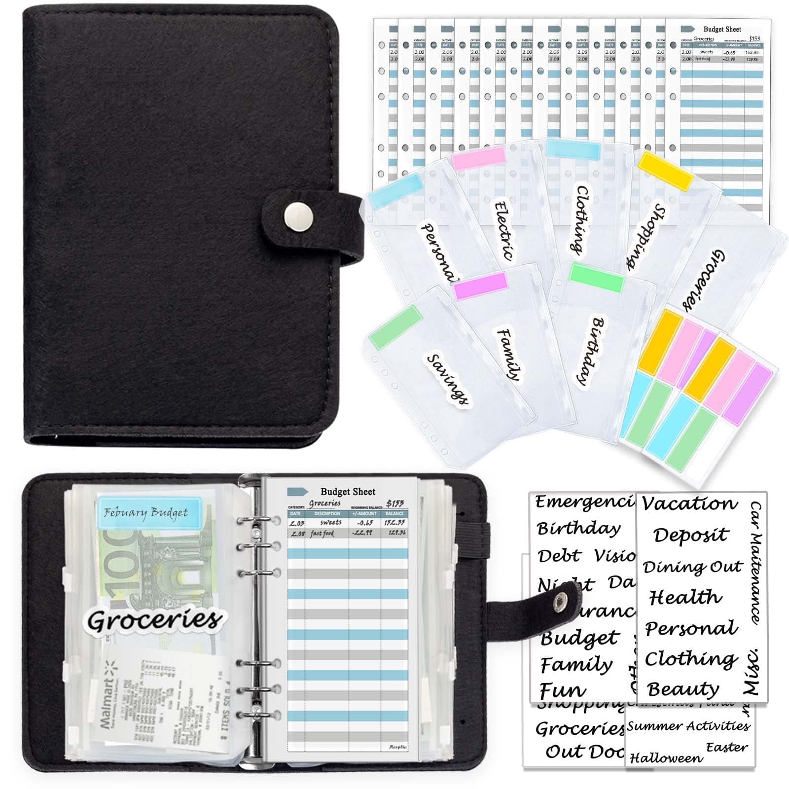 Wool Felt Black A6 Binder, Money Saving Wallet,Silver 6 Ring Cash Stuffing Binder Notebook Planner Personal with Budget Accessory Kit -Harphia