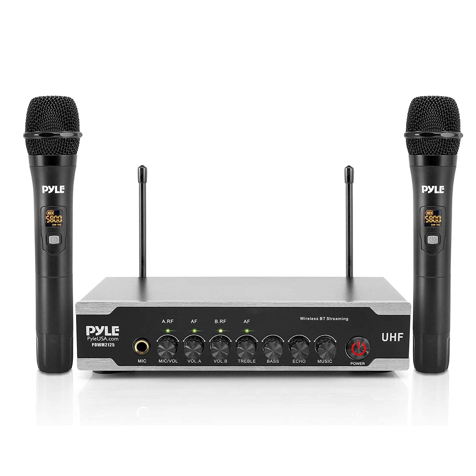 Pyle Portable Uhf Wireless Microphone System - Battery Operated Dual Bluetooth Cordless Microphone Set, Includes 2 Handheld Transmitter mic, Receiver Base, Aux, RCA, for PA Karaoke DJ Party -PDWM2125