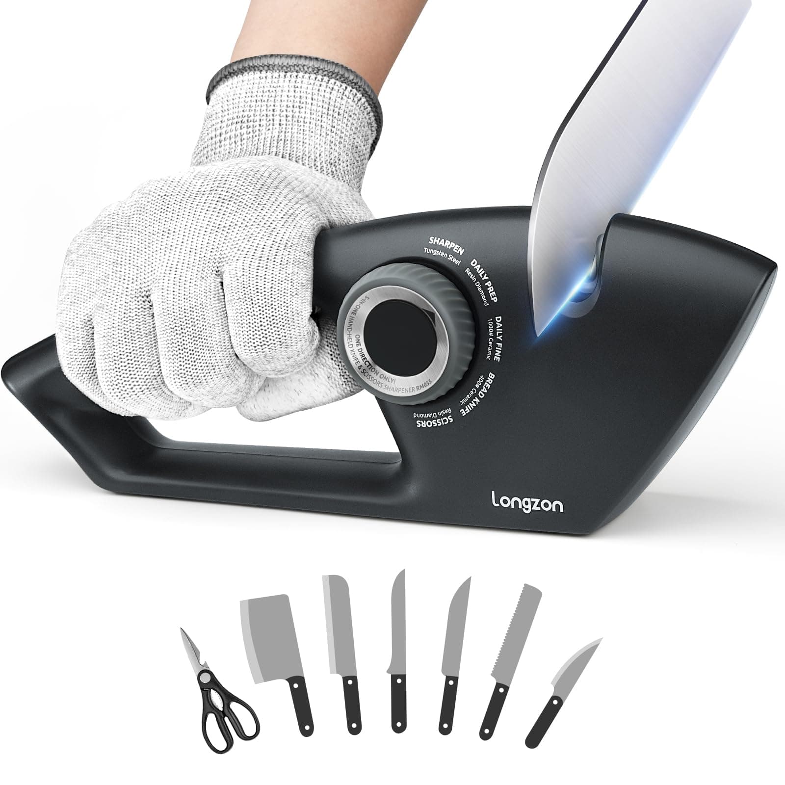 Longzon 5-in-1 Knife Sharpener 5 Stage with a Pair of Cut-Resistant Glove,Original Premium Polish Blades,Best Kitchen Knife Sharpener Really Works for Pocket Knife Chefs, Serrated Knives,Scissors