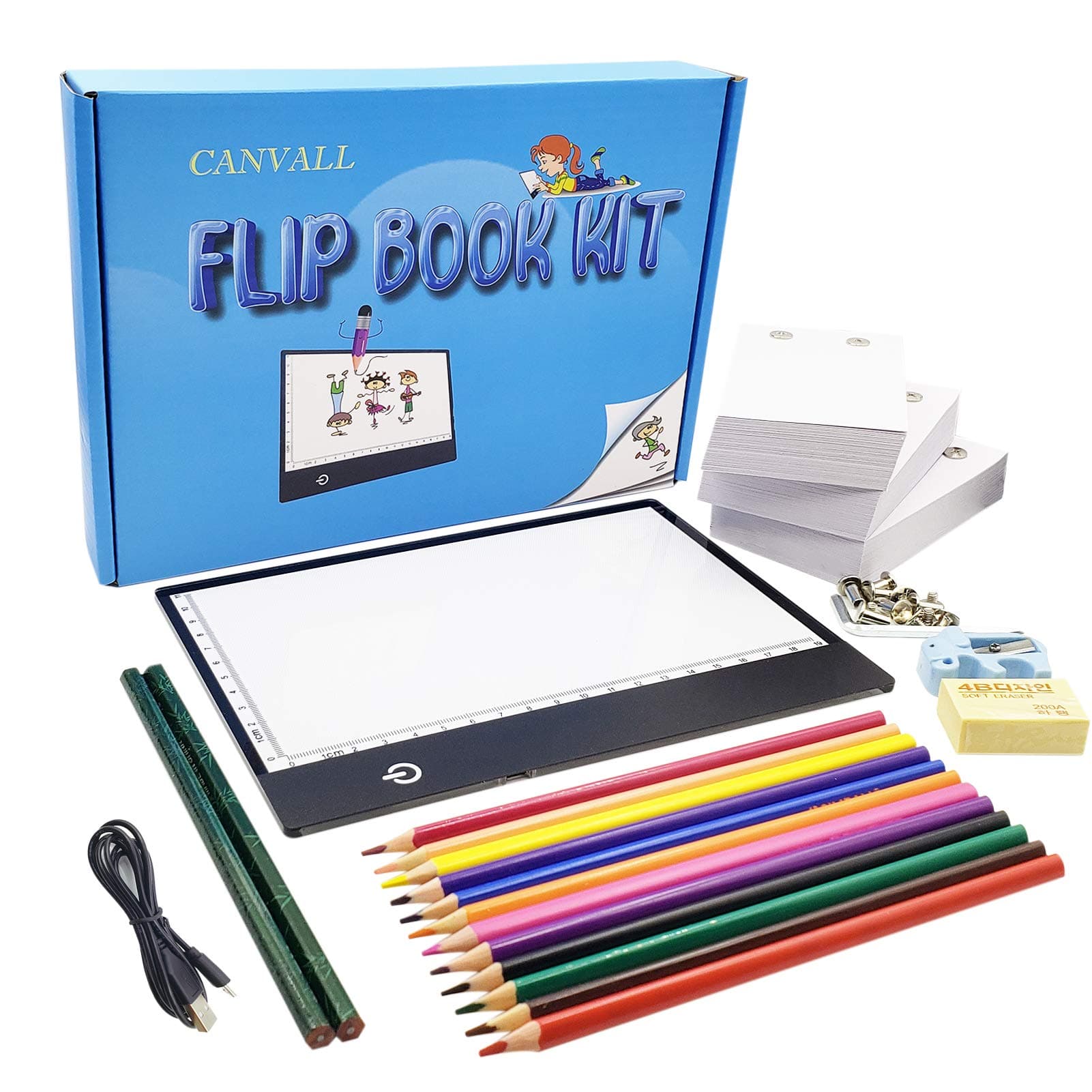 Canvall Flipbook Set for Drawing and Tracing Animation, Include: A5 LED Light Box, 540 Pages Animated Loose-Leaf Paper, 2 HB +12 Colored Drawing Pencils, Pencil Sharpener, Eraser and Screwdriver