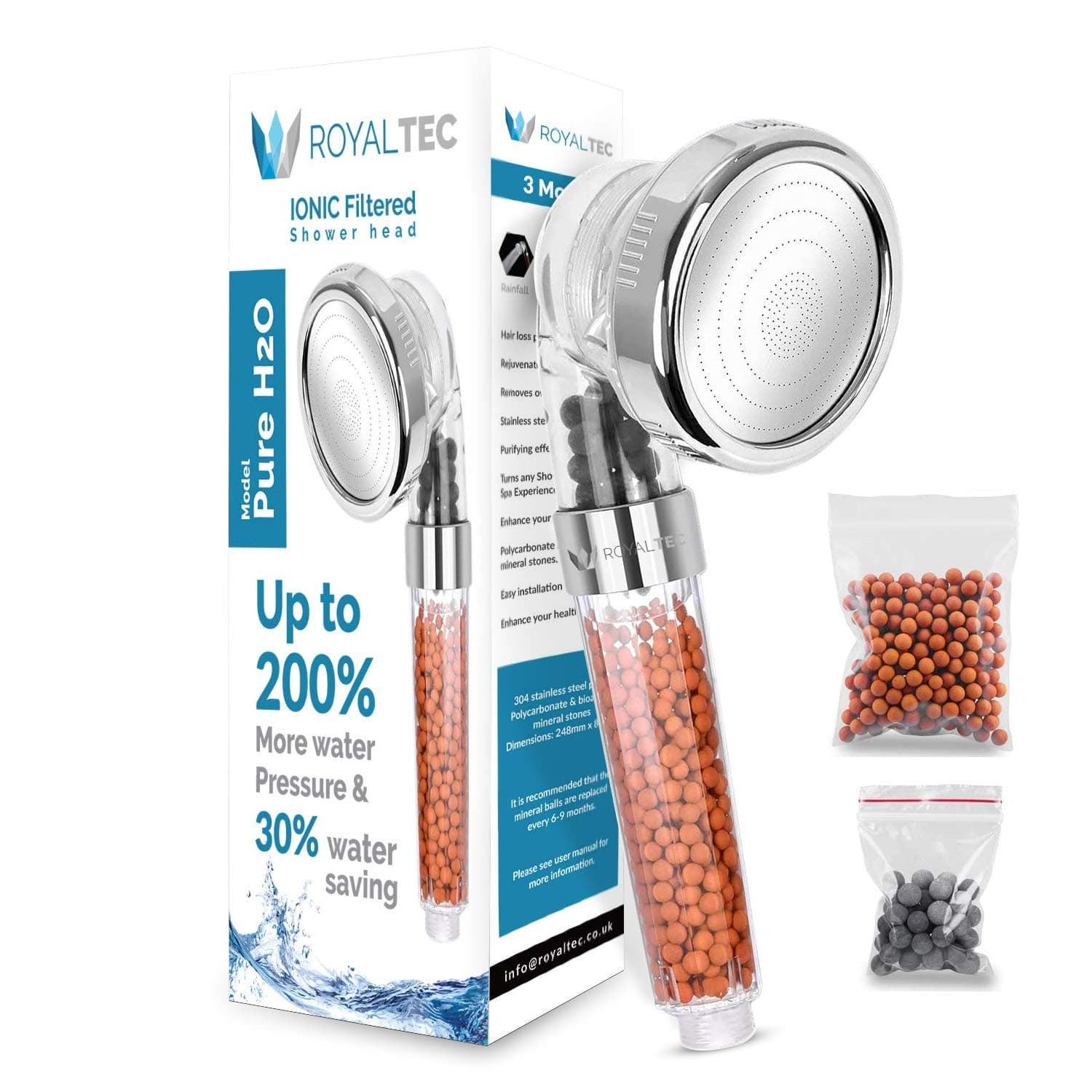 ROYALTEC Ionic Shower Head – High Pressure, Water Saving, Filtered Shower Head with 3 Spray Modes – Hard Water Filter, Softens Water – Universal Fit