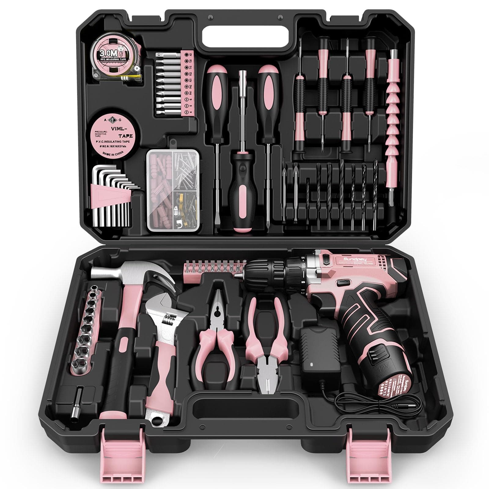Home Tool Kit with Drill - 206PCs Pink Tool Kit with 12V Cordless Power Drill for Household Repair - Portable Basic Pink Tool Box for Women with DIY Hand Tool Set(Screwdrivers & Pliers)