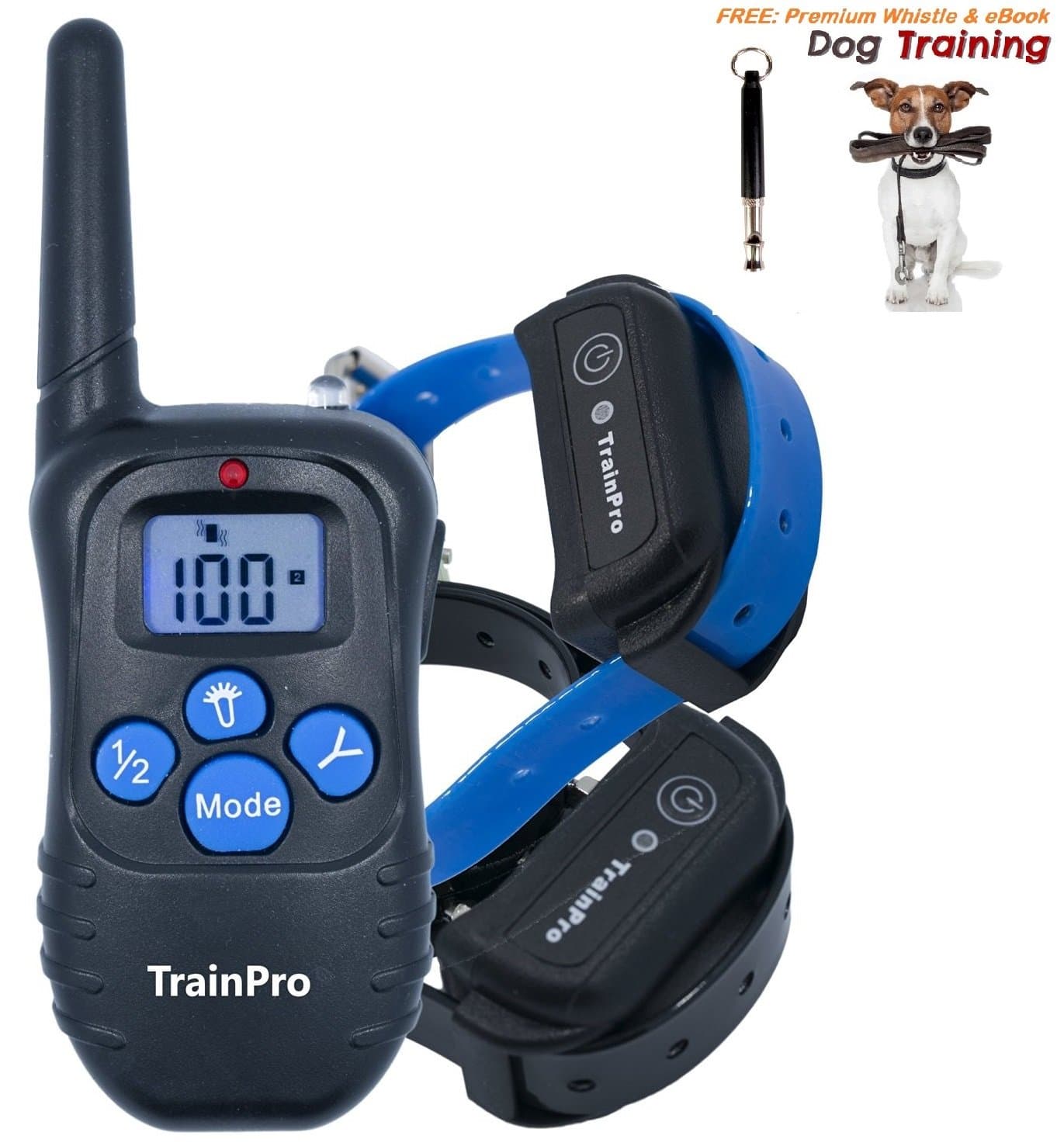 TrainPro PRO998 Electronic Dog Training Shock Collar 330 Yard Rechargeable Waterproof e-Collar System with Tone | Shock | Vibration Plus Bonus eBook and Dog Whistle