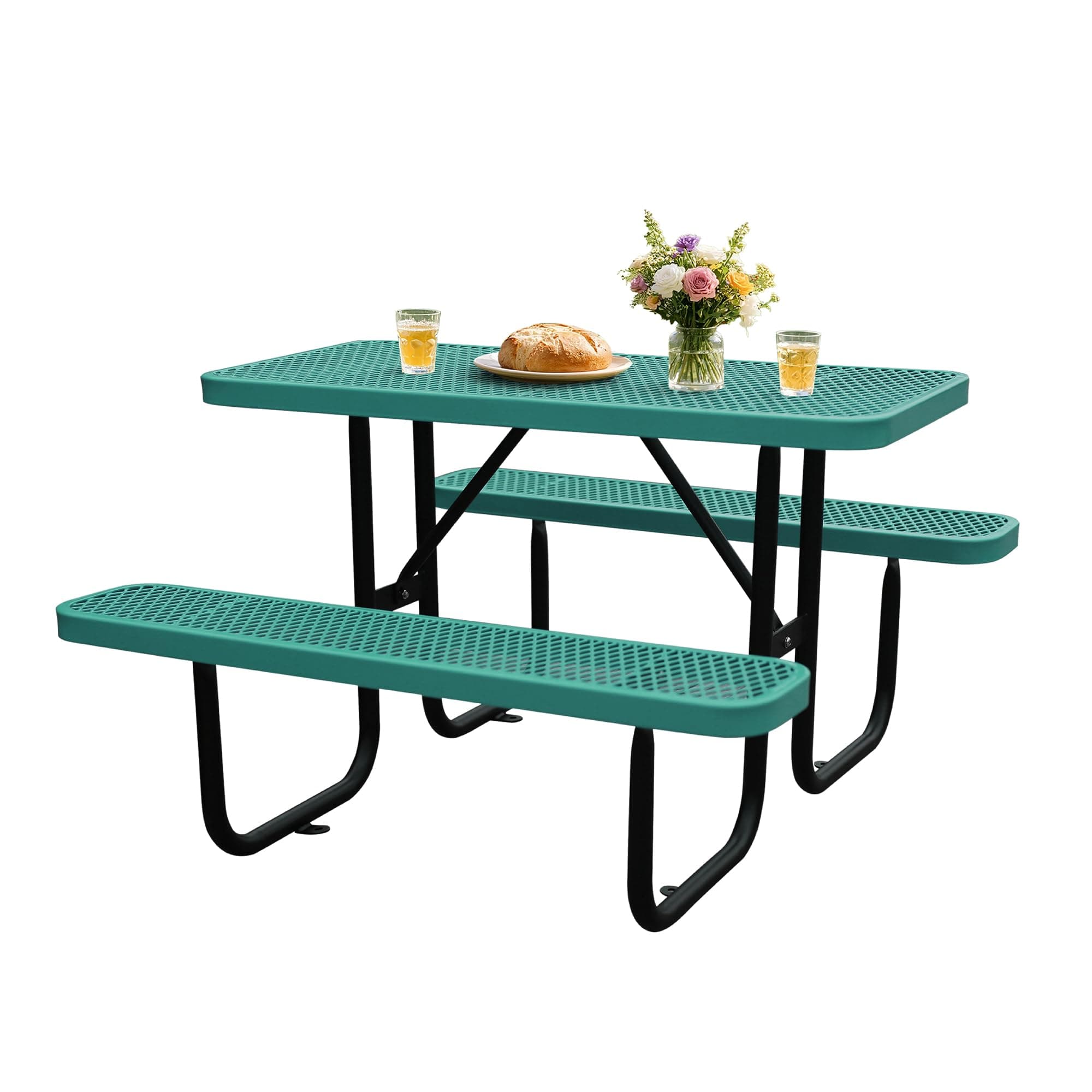 4FT Outdoor Picnic Tables,Heavy-Duty Metal Rectangular Picnic Table,Expanded Metal Commercial-Grade Table with 2 Benches & Umbrella Hole,Waterproof Coating Beach Table for Patio,Garden, Backyard