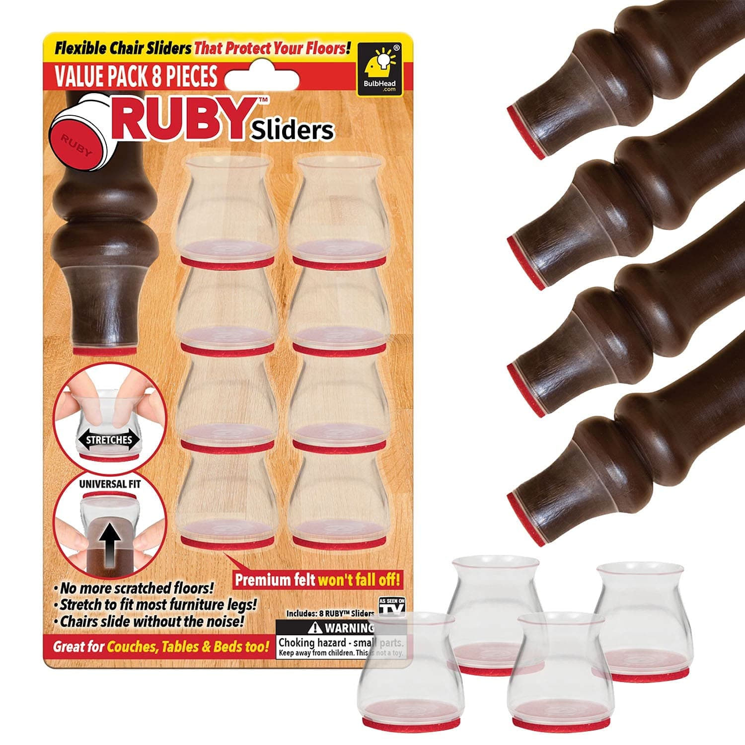 Ruby Sliders As Seen On TV by BulbHead - Red Means They’re Authentic - Premium Chair Covers Protect Hardwood & Tile Floors from Scratching -Fits Most Furniture Leg Sizes &Shapes- 8 Count (Pack of 1)