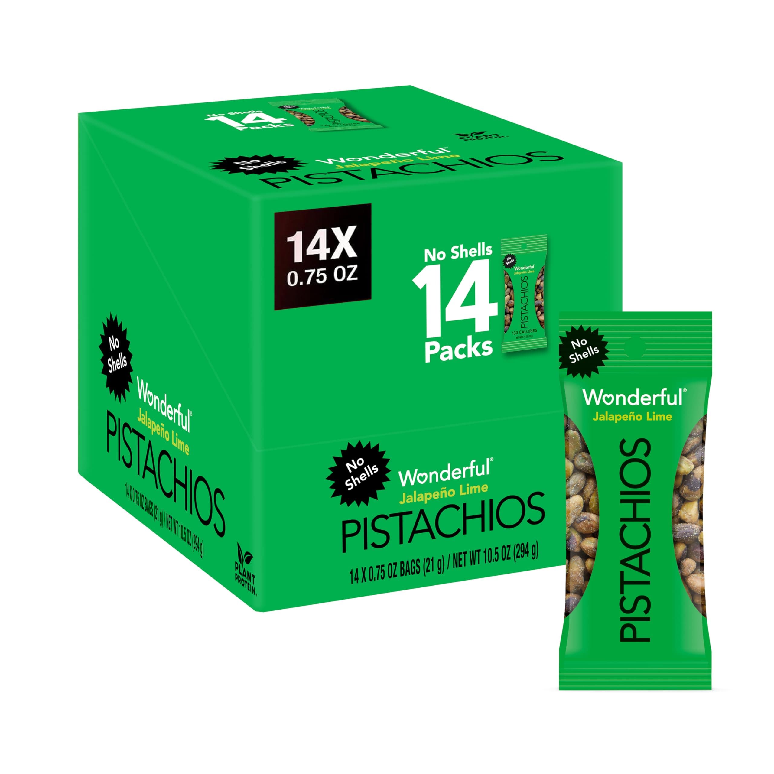 No Shells, Jalapeño Lime Nuts, 0.75 Ounce Bags (Pack of 14), Protein Snacks, Gluten Free, On-the-Go, Individually Wrapped Snacks, Pantry Staples