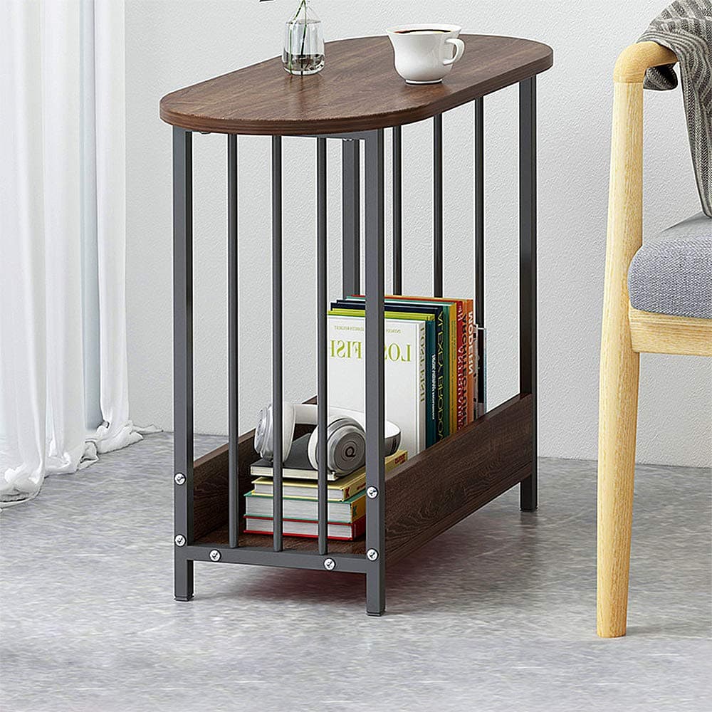 Small End Table Oval Side Table for Small Spaces, Sofa Side Table for Living Room Balcony Reception, Slim Coffee Table Modern Nightstand with Storage for Bedroom Home Office Furniture, Dark Oak