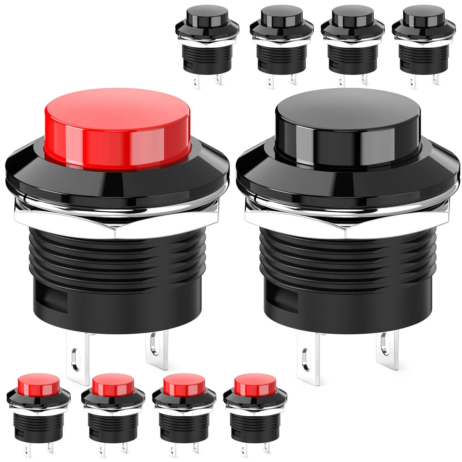 Momentary Push Button Switch Mini No Lock Round Switch AC 250V / 3A AC 125V /6A Off-ON Red & Black Cap (10 pcs)