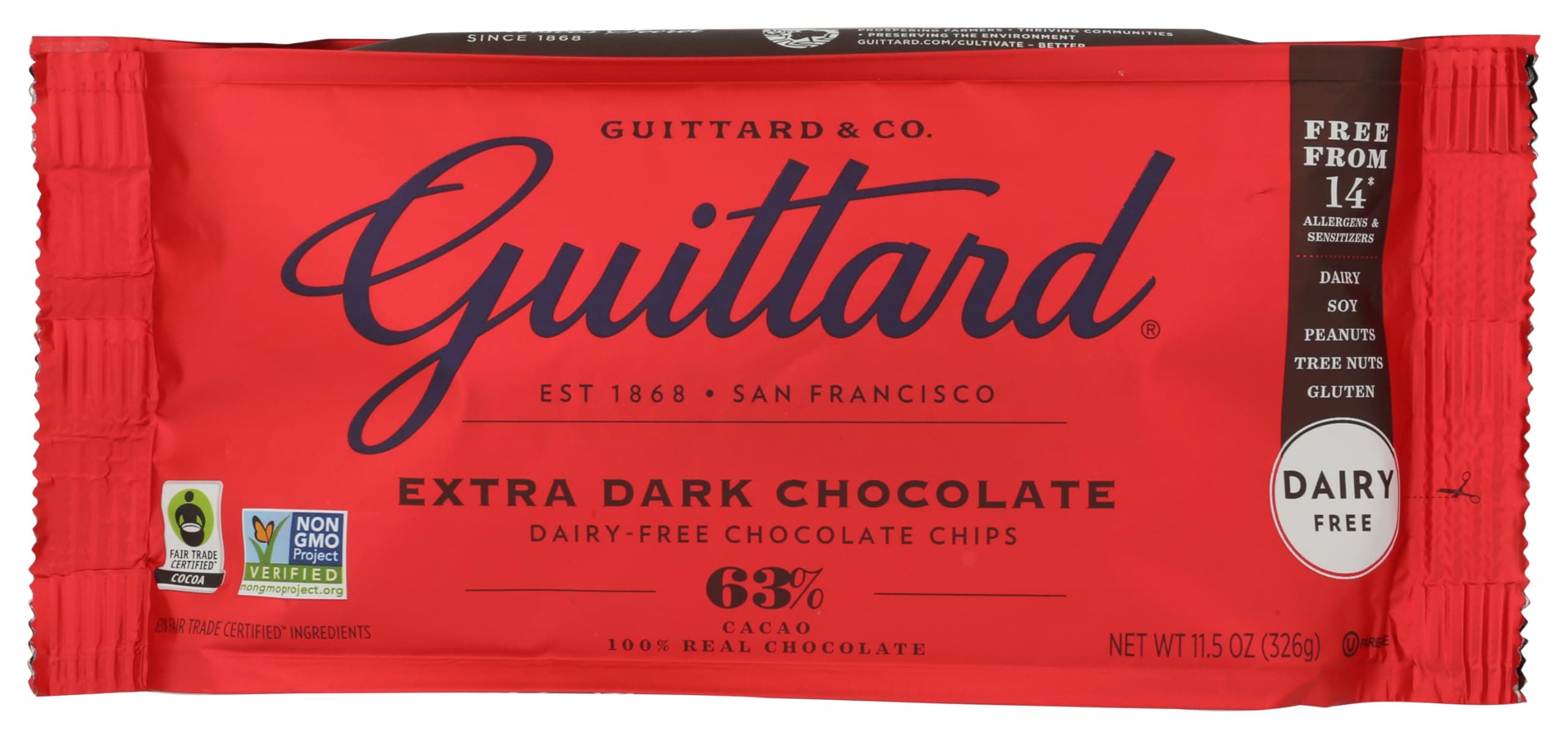 Guittard Extra Dark Chocolate Baking Chips 63% Cacao, 11.5oz (326g) | 100% Real Chocolate | Peanut and Tree Nut Free | Fairtrade | Gluten-Free | Certified Kosher | Bake Stable