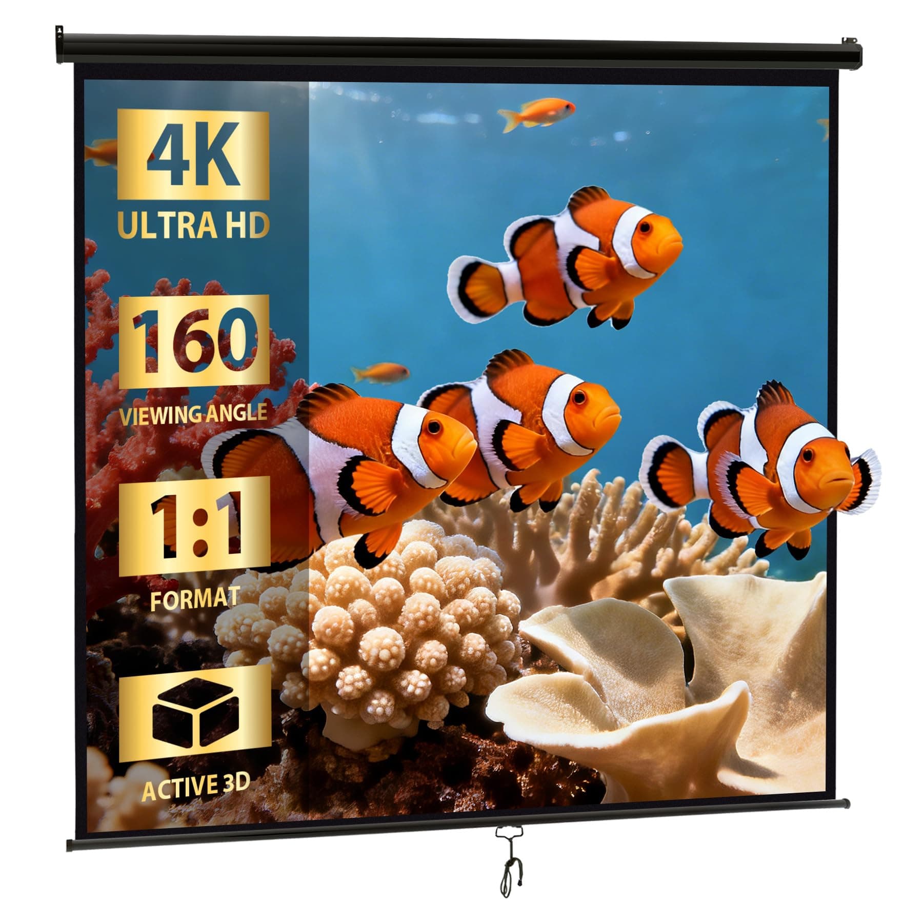 120'' Projector Screen Projection Screen Manual Pull Down HD Screen 1:1 Format for Home Cinema Theater Presentation Education Outdoor Indoor Public Display, Black